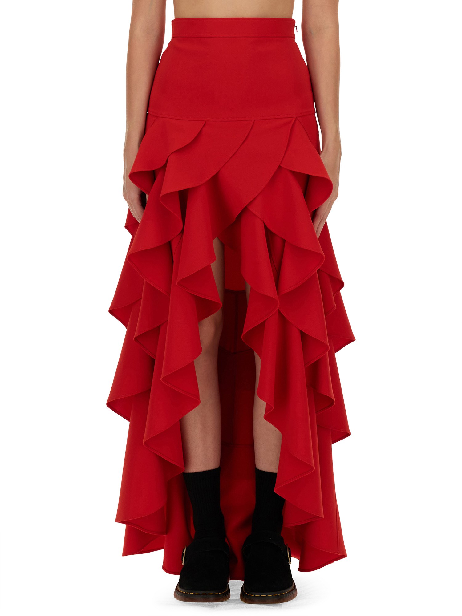 Shop Moschino Crepe Skirt With Ruffles In Red