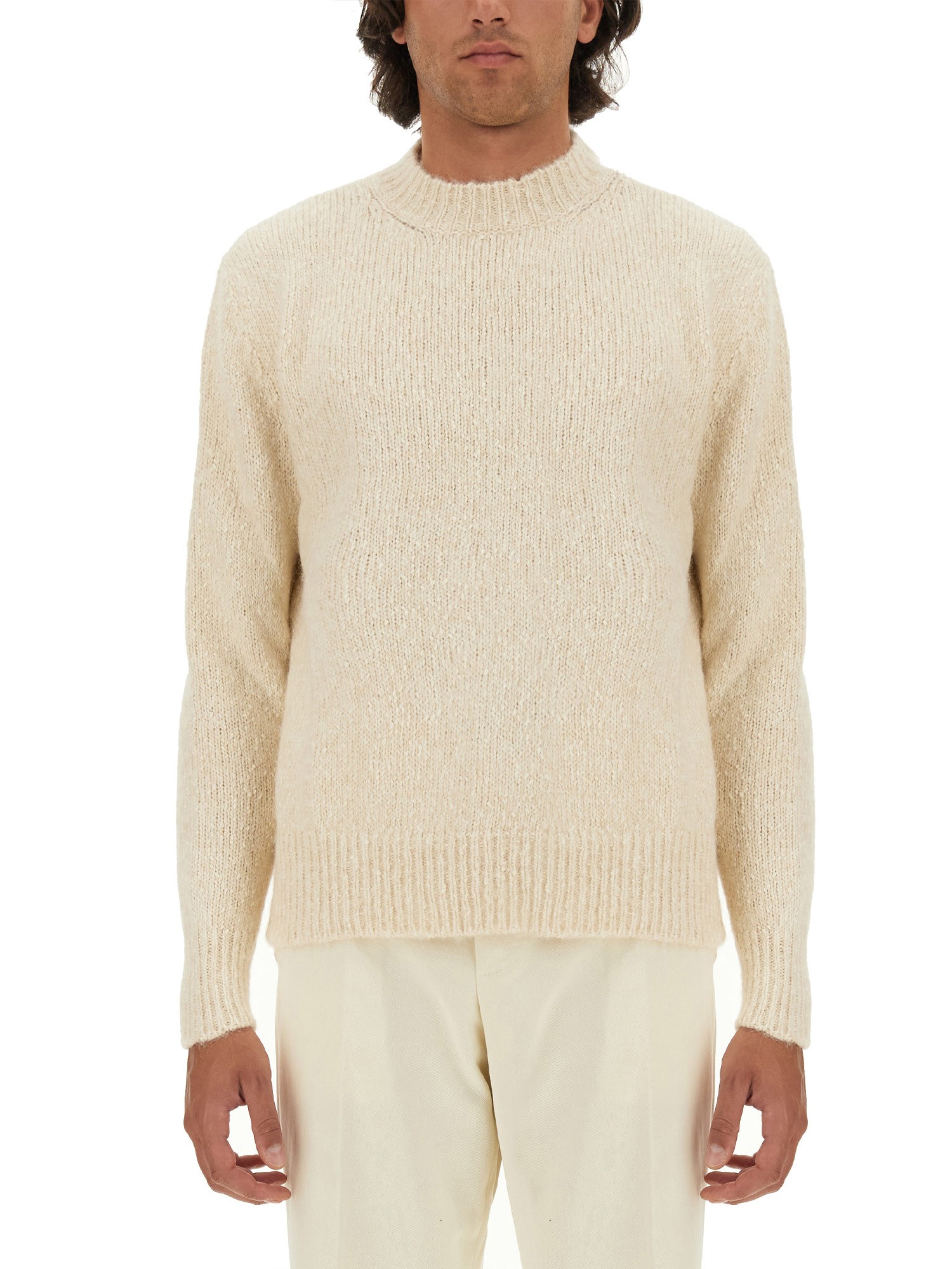 Lardini Wool Textured Knit Sweater With Long Sleeves In Neutral