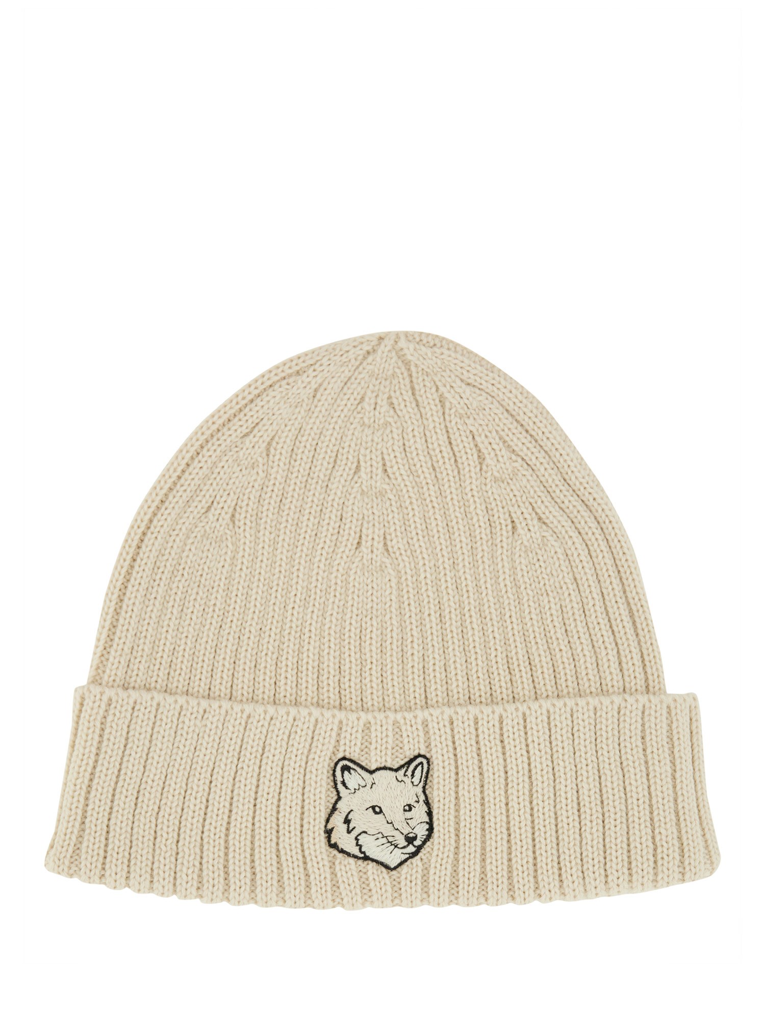 Shop Maison Kitsuné Beanie Hat With Fox Head In Ivory