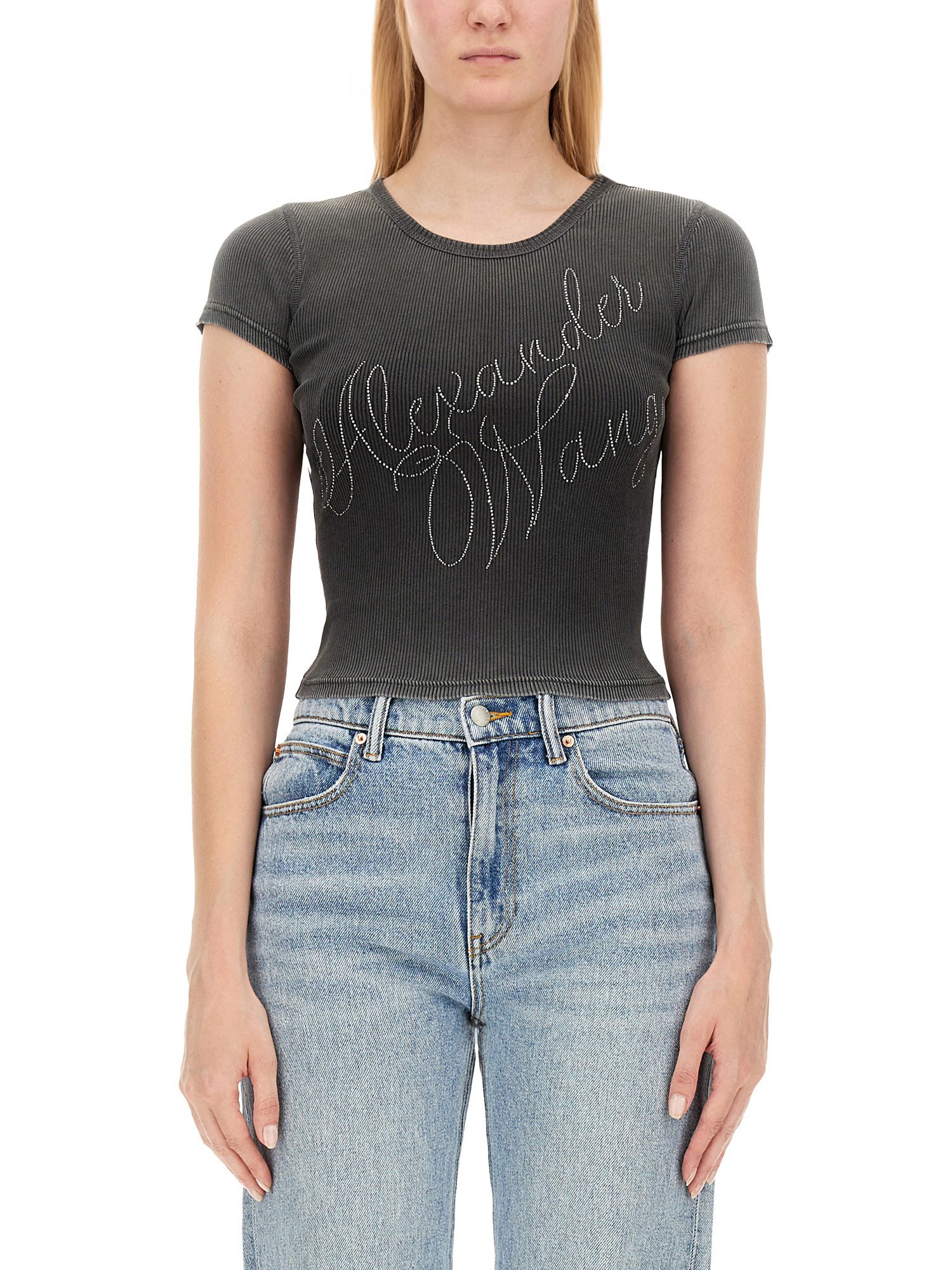 Alexander Wang 'logo Rhinestone T-shirt In Grey