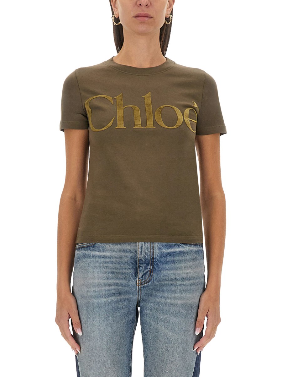 CHLOE&#39; T-SHIRT IN JERSEY DI COTONE CON STAMPA LOGO