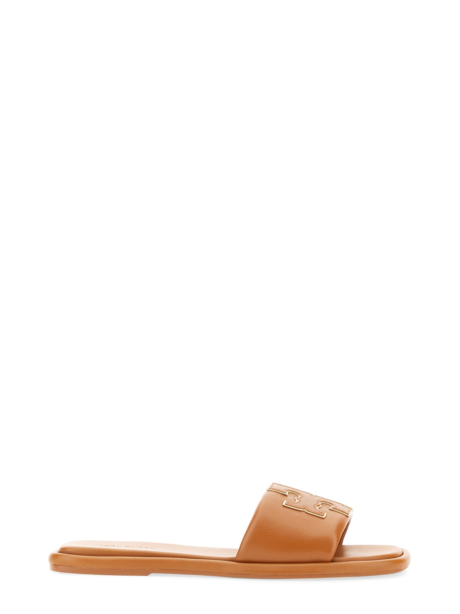 Tory Burch Double T Leather Medallion Slide Sandals In Buff