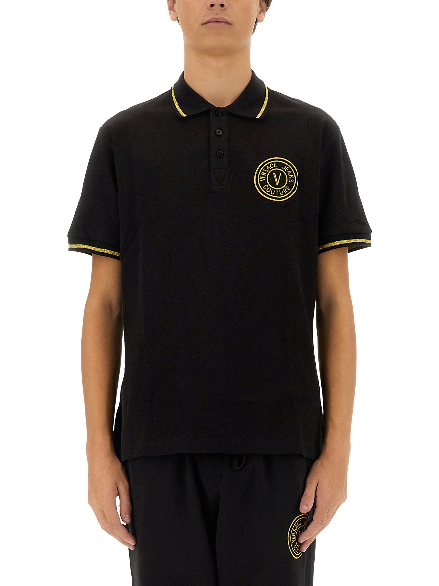 Shop Versace Jeans Couture "v-emblem" Polo Shirt In Black