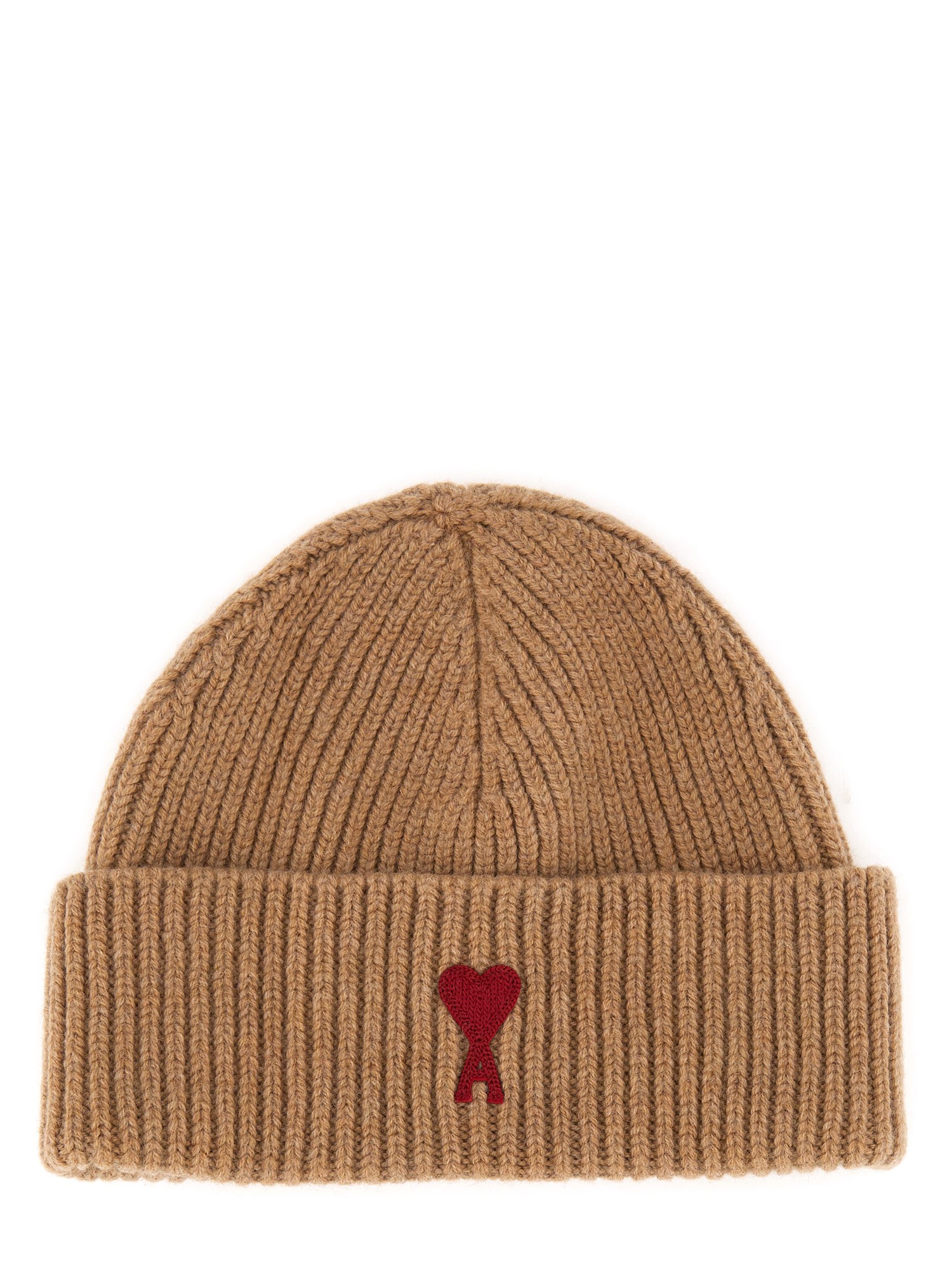 Shop Ami Alexandre Mattiussi Beanie Hat With Logo In Beige