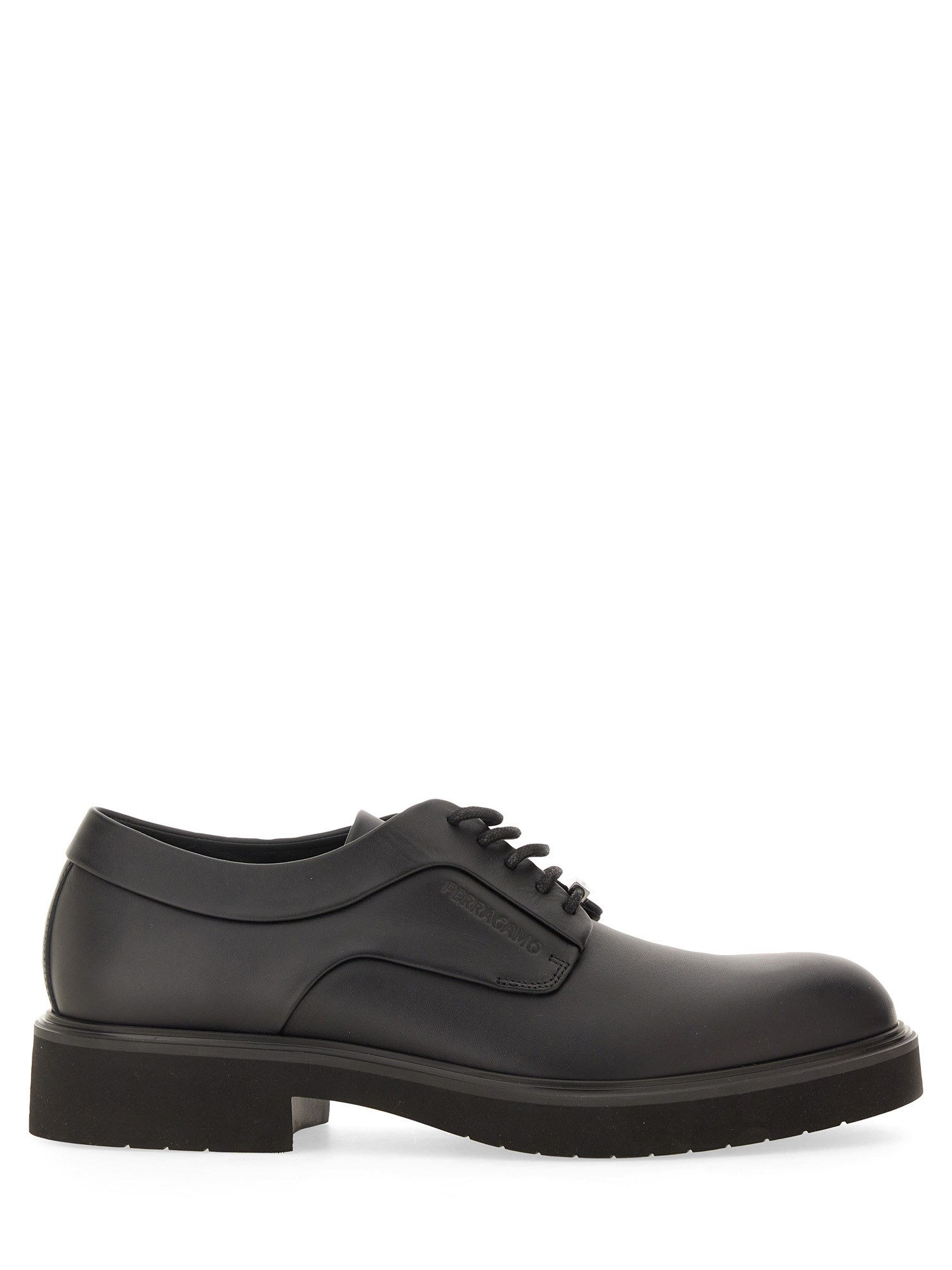Ferragamo Logo-debossed Leather Derby Shoes In Black