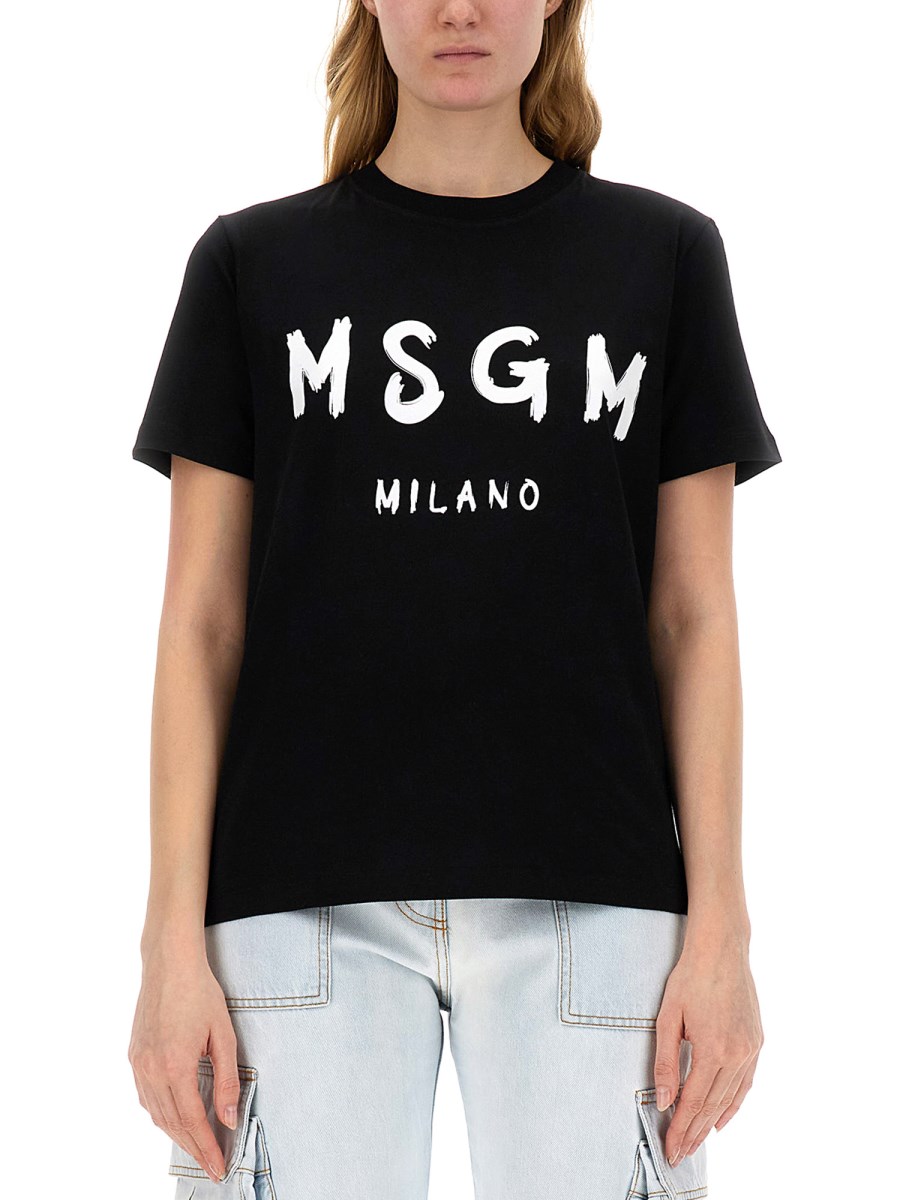 MSGM COTTON JERSEY CREWNECK T SHIRT WITH BRUSHED LOGO PRINT Eleonora Bonucci