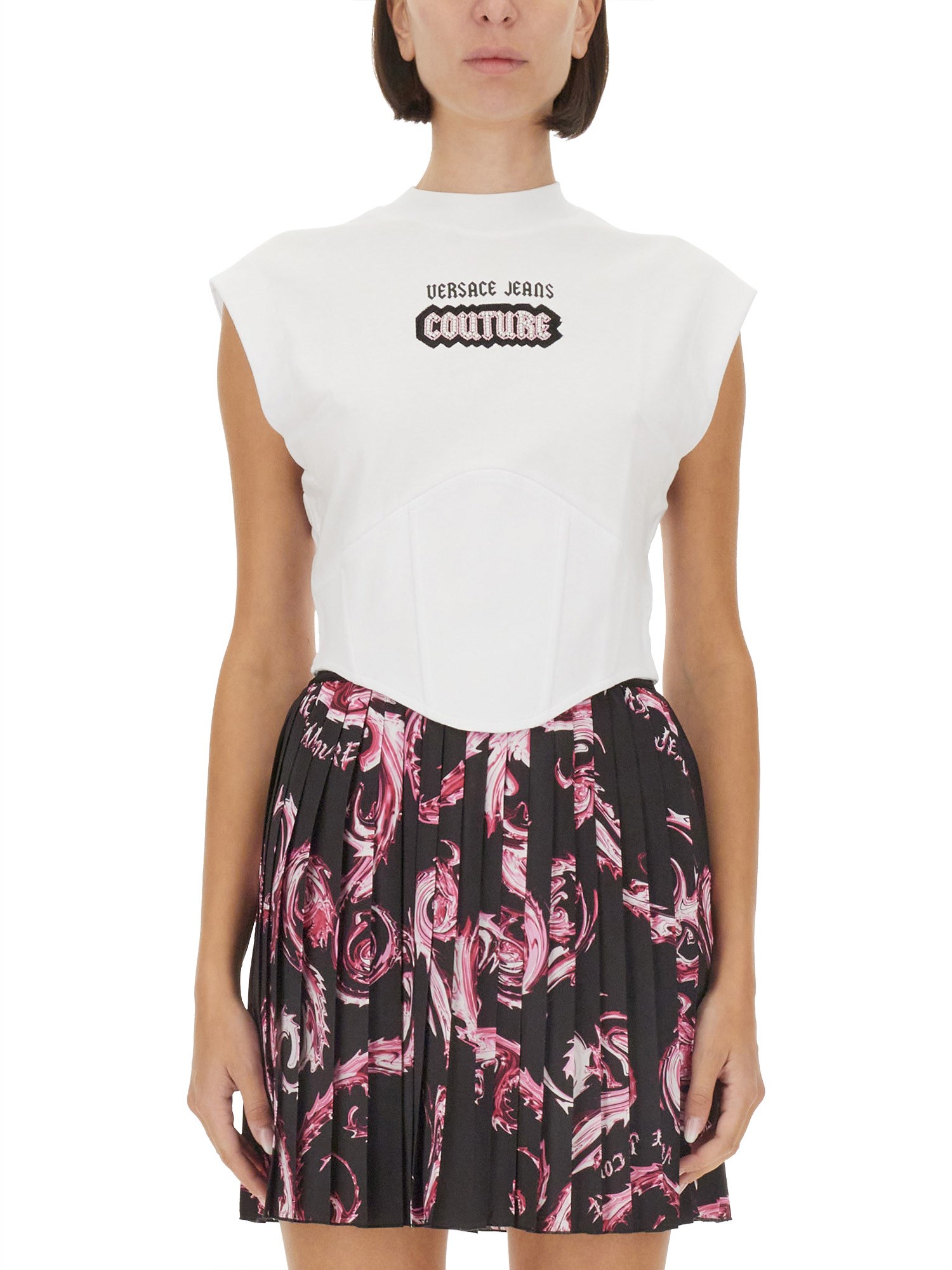 Versace Jeans Couture White Top With Logo And Cap Sleeves In White