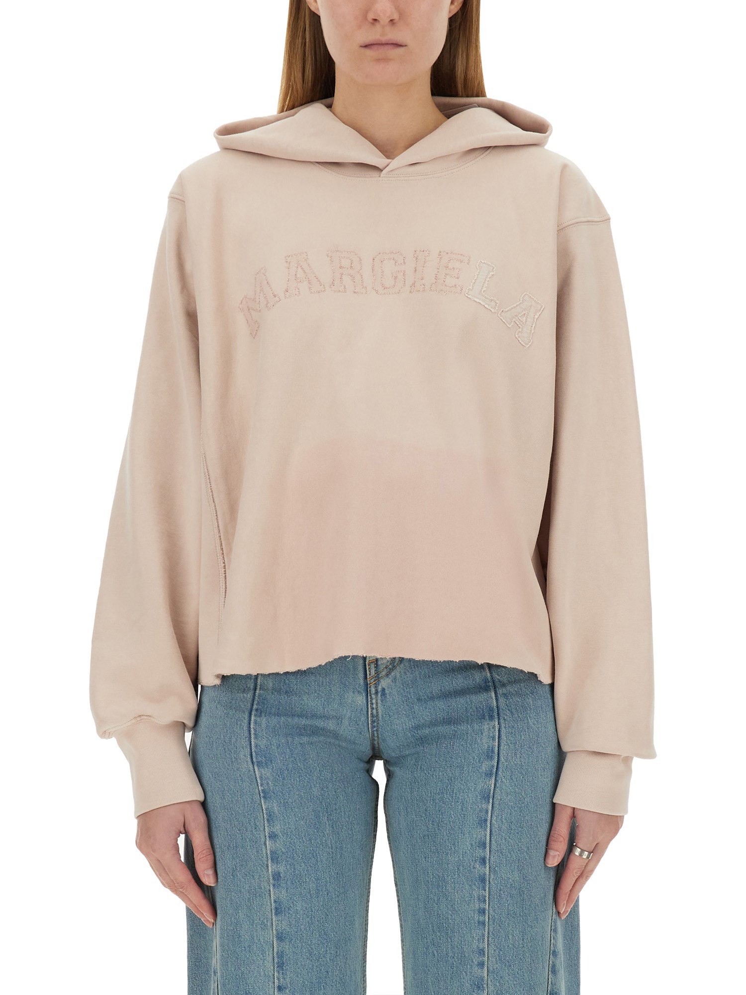 Maison Margiela Cotton Sweatshirt With Hood And Ribbed Cuffs In Pink