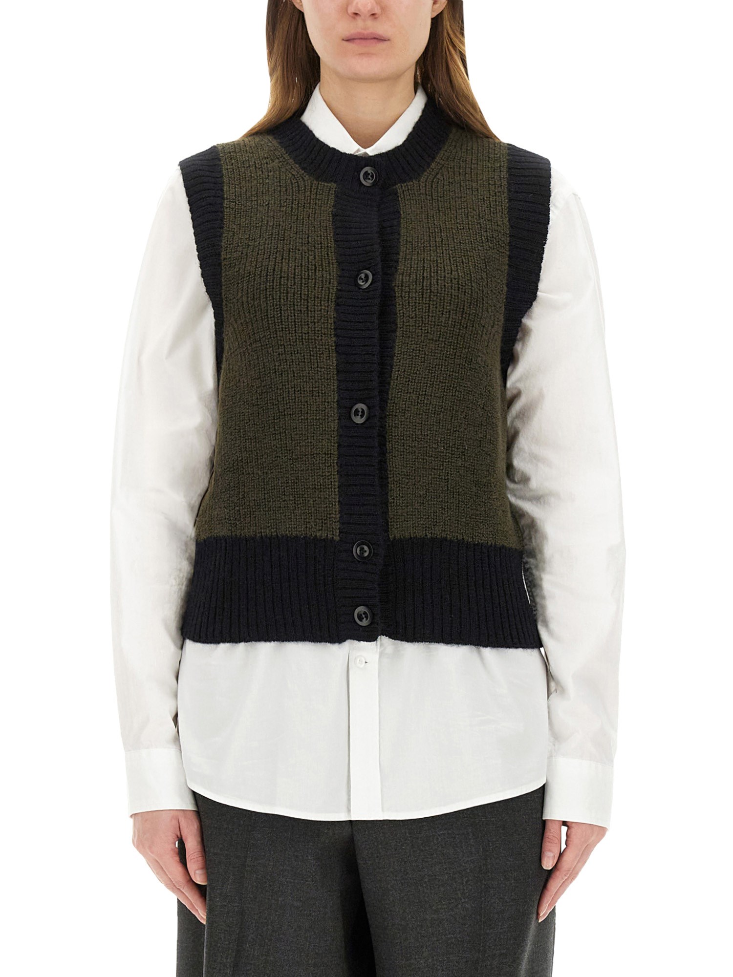 Margaret Howell Textured Knit Wool Vest In Green