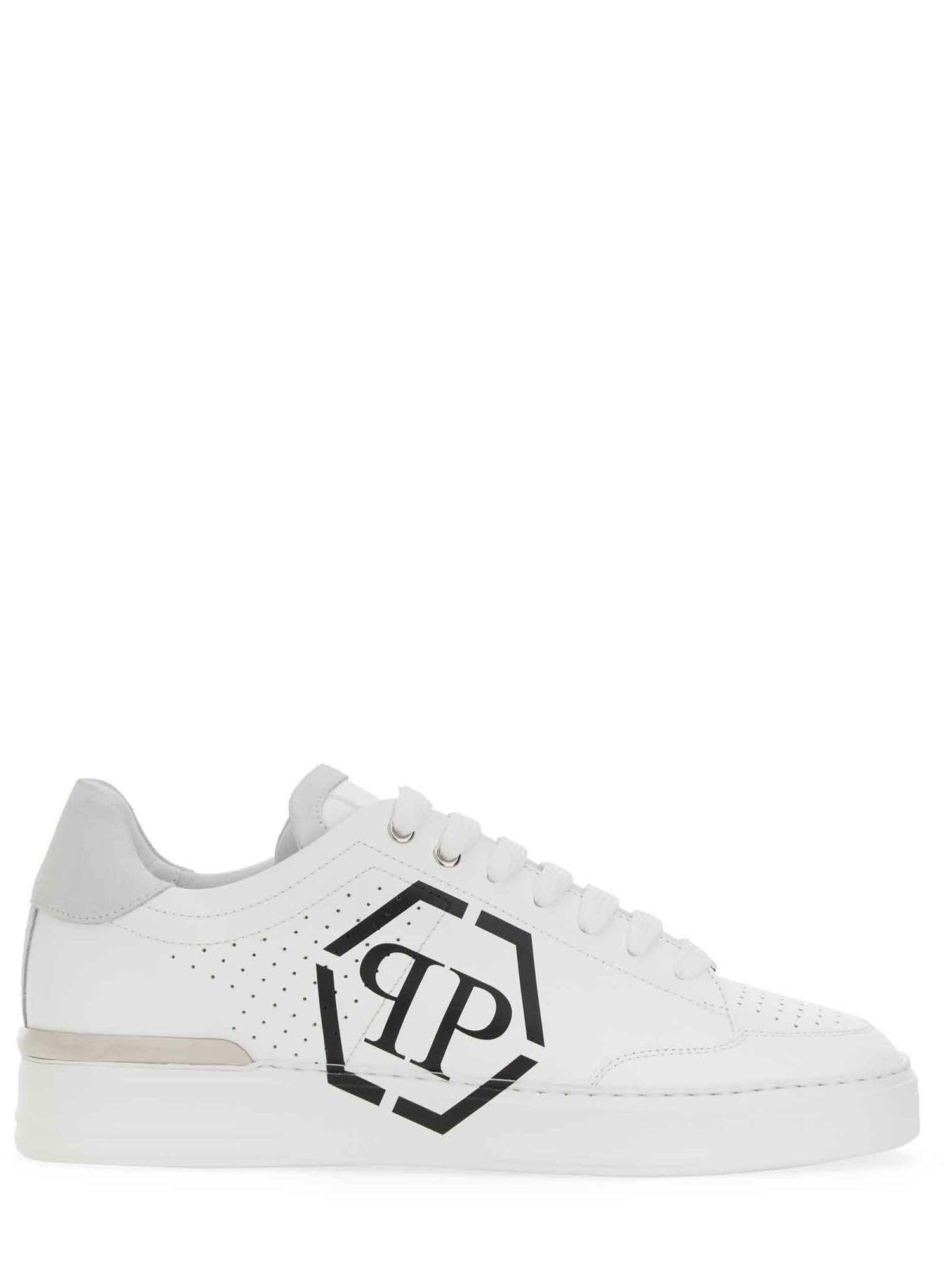 Philipp Plein Perforated Leather Sneakers Logo Detail In White