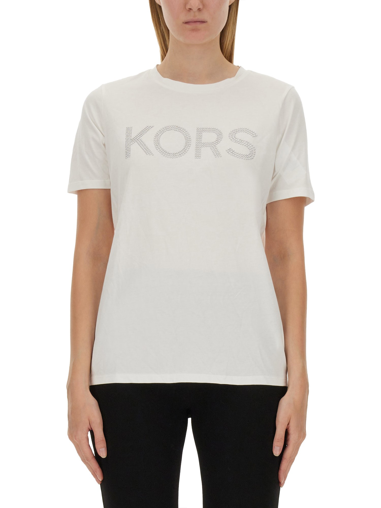 Shop Michael Michael Kors Studded Logo T-shirt In White