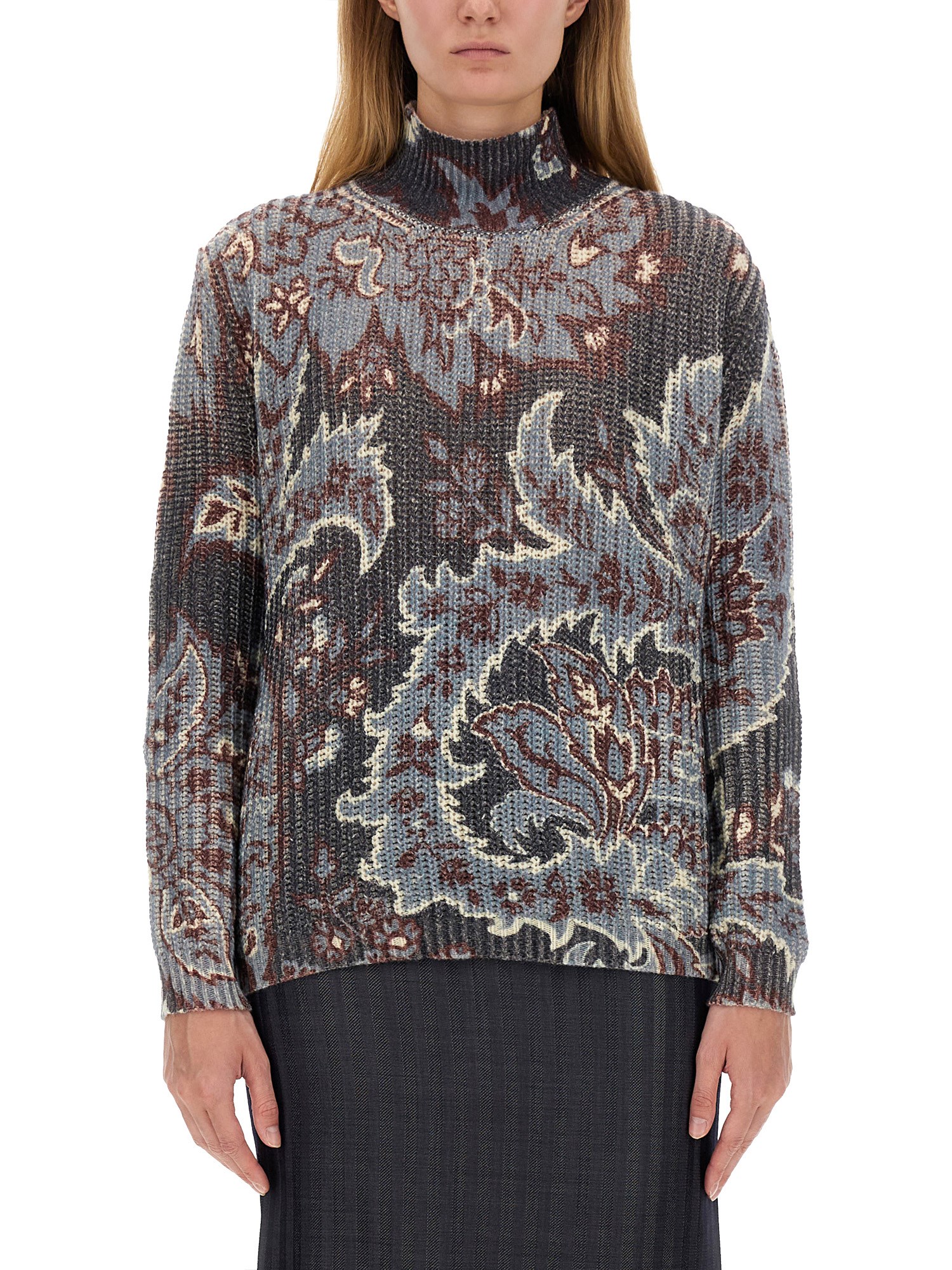 Etro Grey Floral Print Knitted Wool Sweater In Multicolour