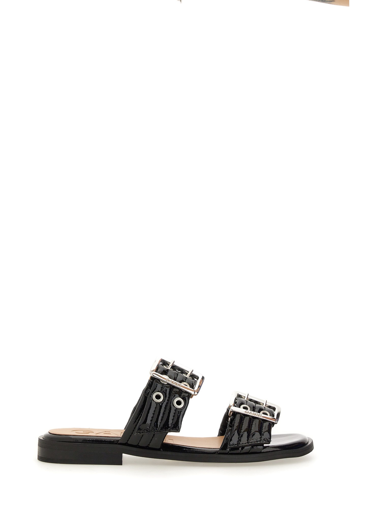 Ganni Buckled Eyelet-embellished Recycled Faux Patent-leather Sandals In Black