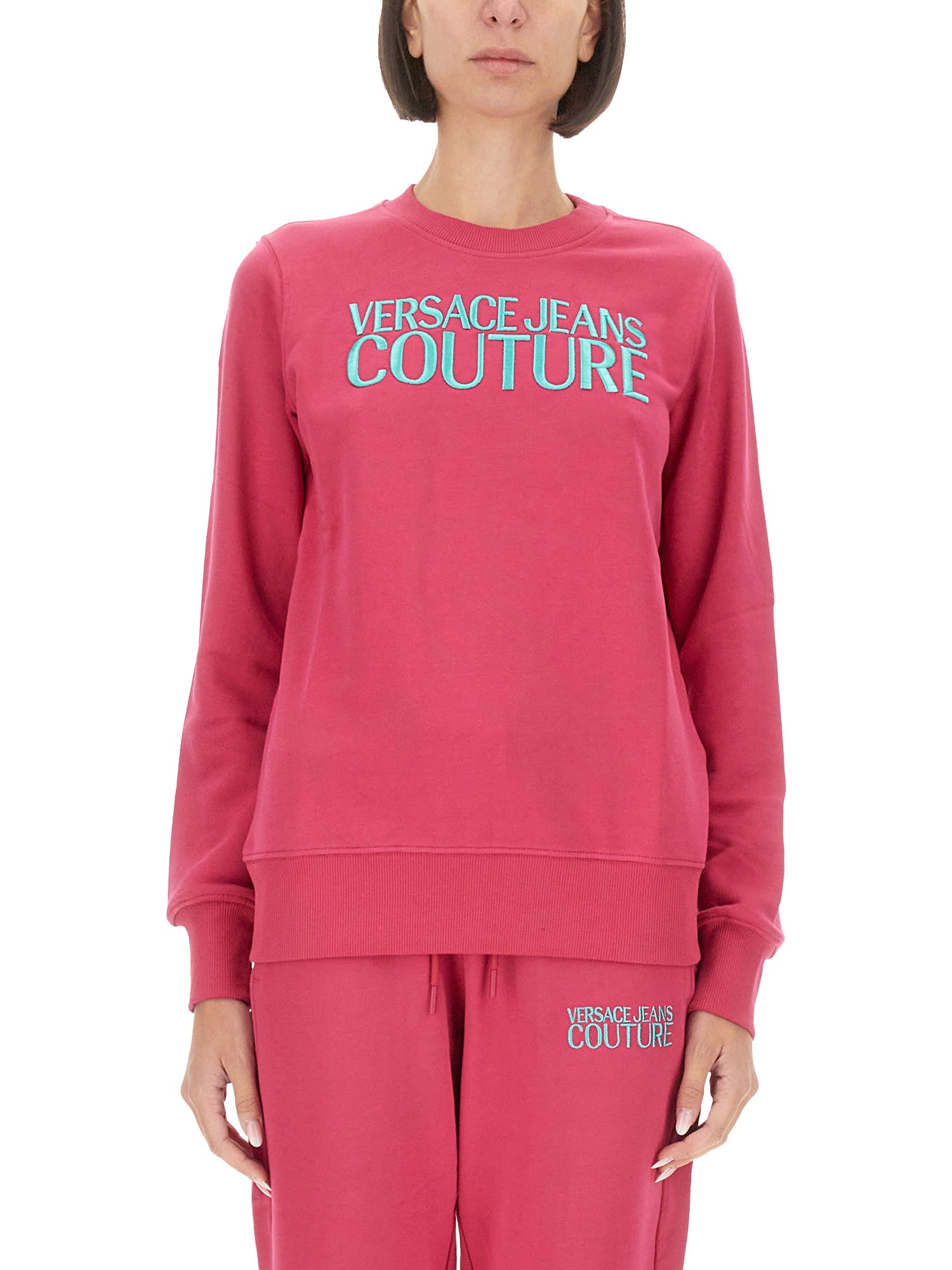 Shop Versace Jeans Couture Sweatshirt With Logo In Fuchsia