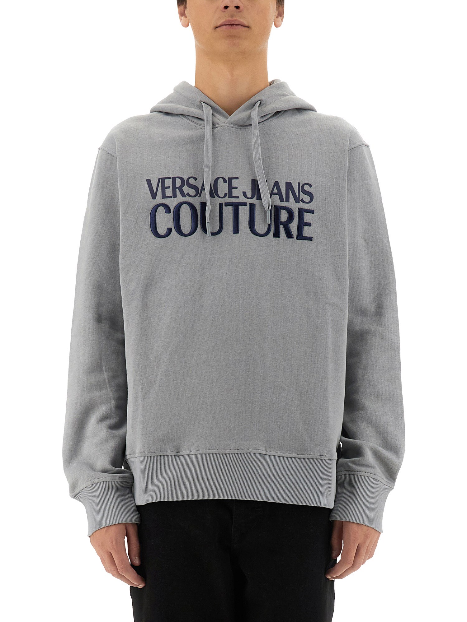 Versace Jeans Couture Grey Logo Print Sweatshirt With Classic Hood In Grey