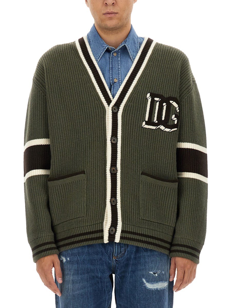 DOLCE & GABBANA CARDIGAN IN LANA COSTA INGLESE CON PATCH LOGO DG