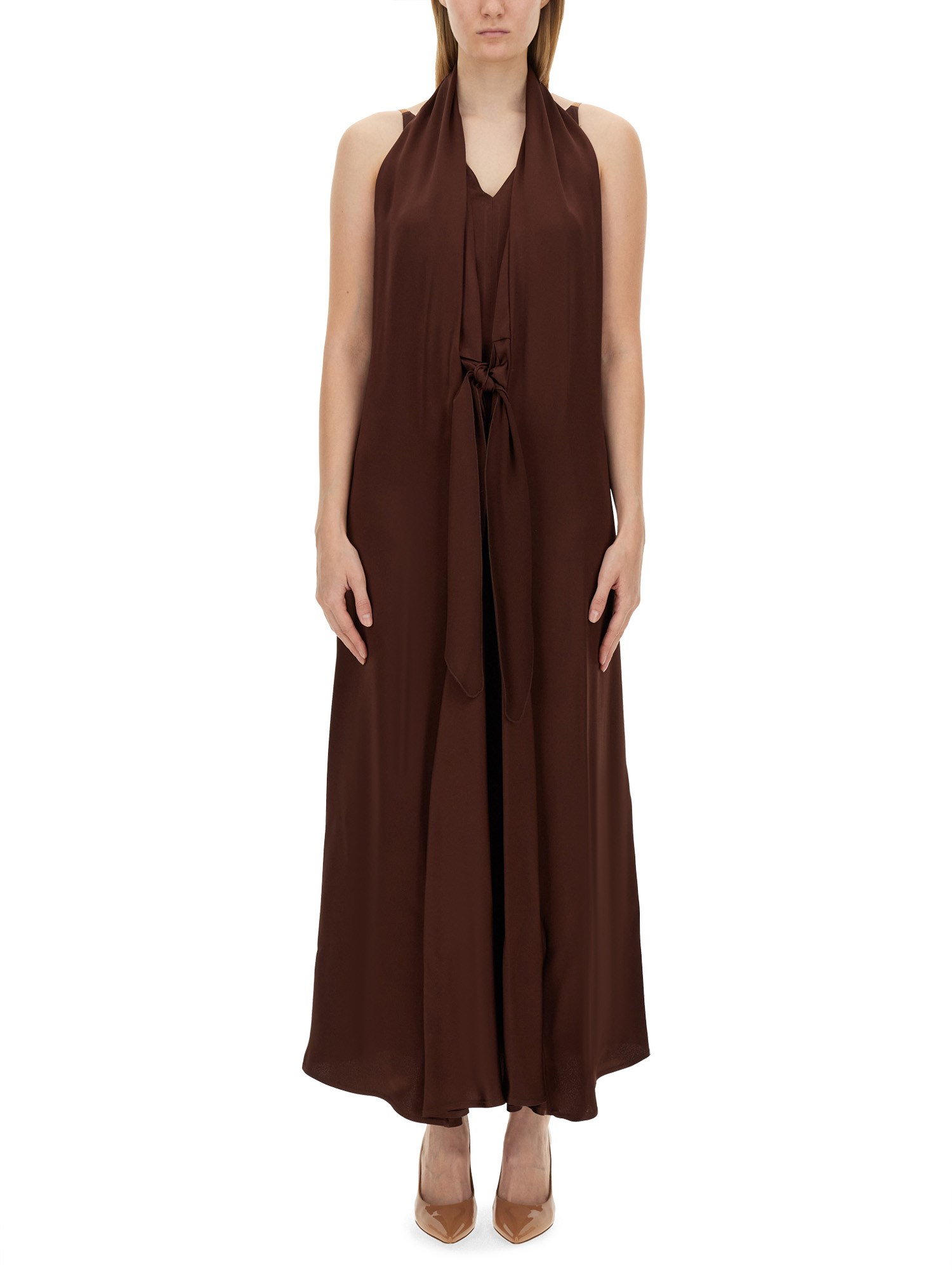 Shop Alysi Silk Crepe Dress In Brown