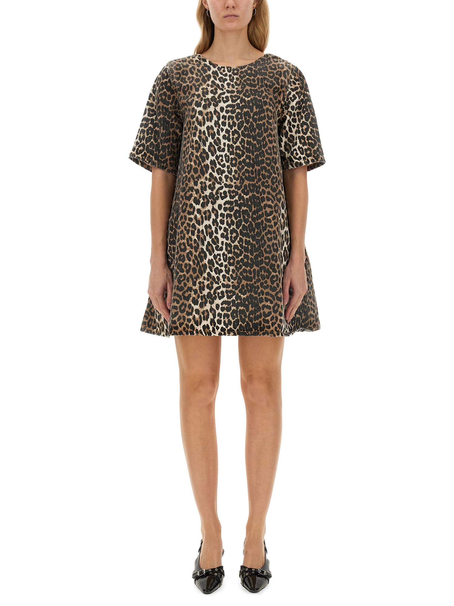 Shop Ganni Mini Leopard Dress In Animalier