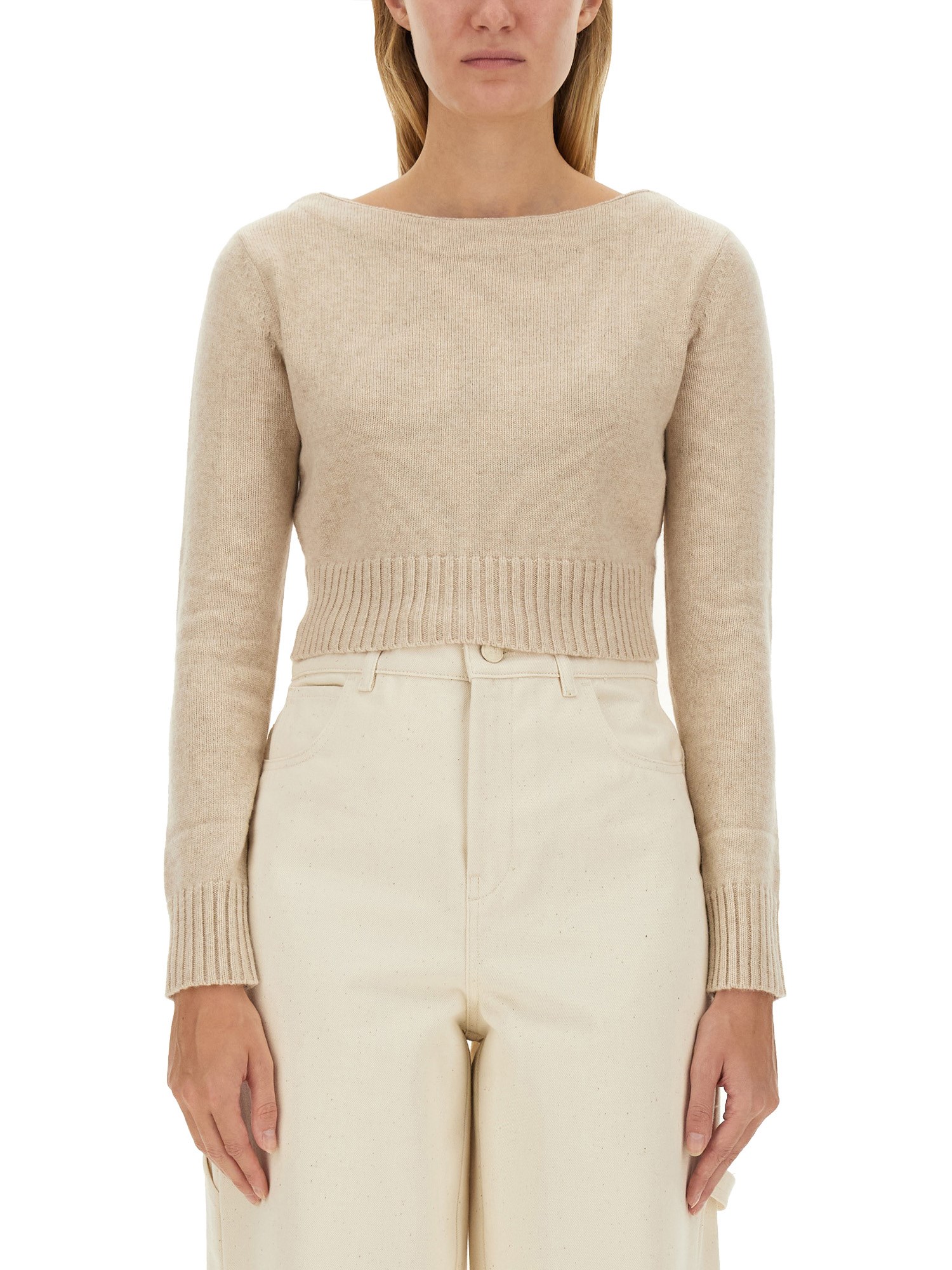 Max Mara Boat-neck Cuffed-sleeve Sweater In Beige