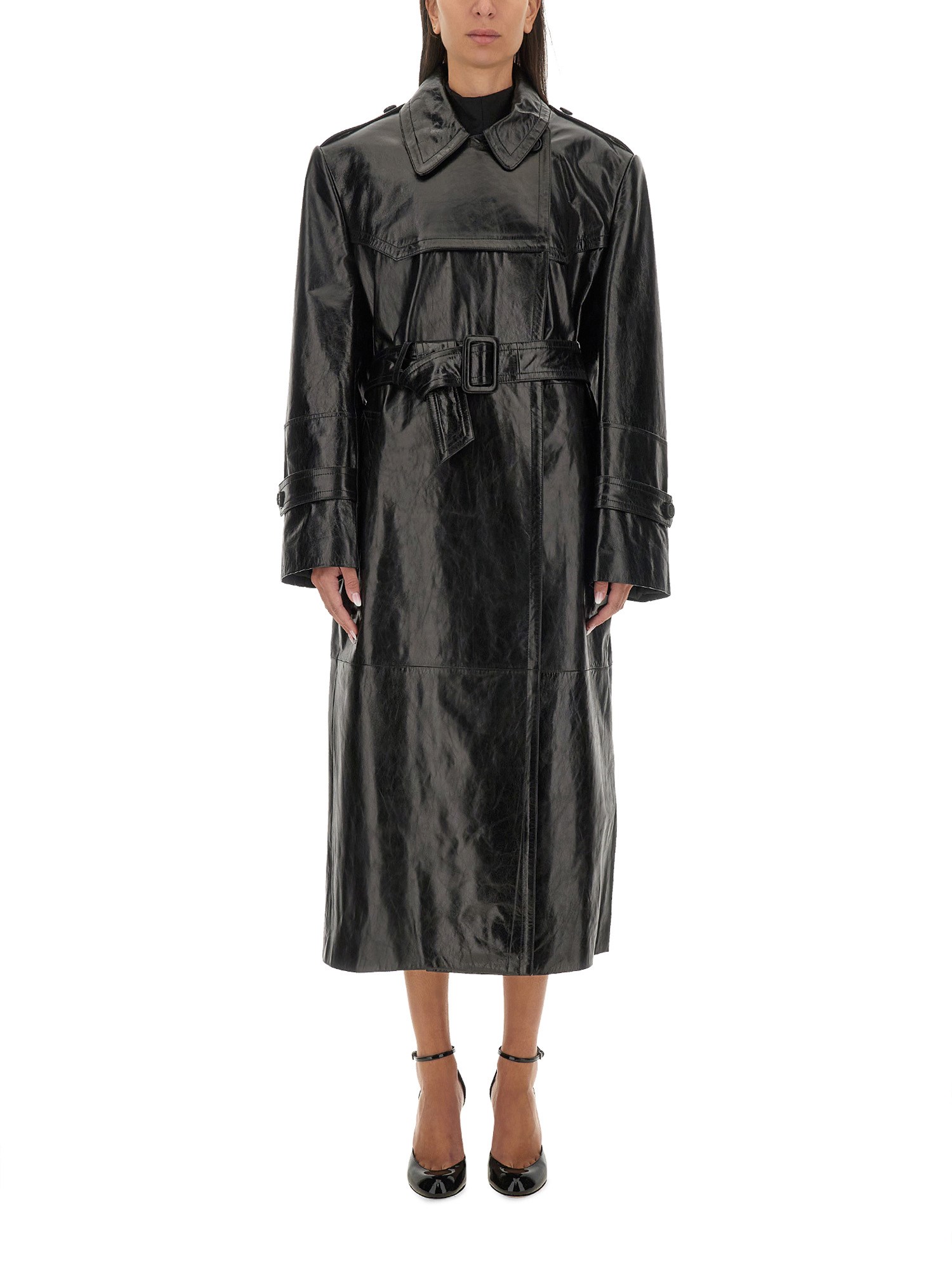 Sportmax Black Nappa Leather Alfeo1234 Trench Coat In Black