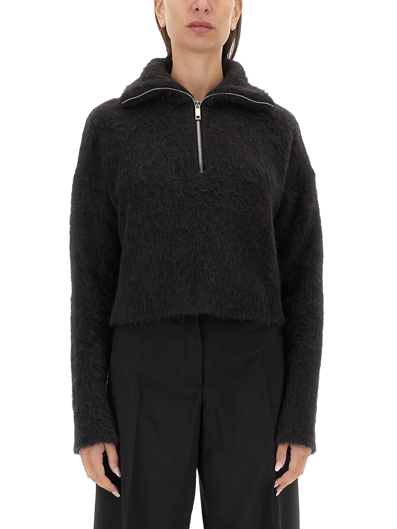 Sportmax Falcone Fluffy Alpaca Blend Zip Sweater In Black