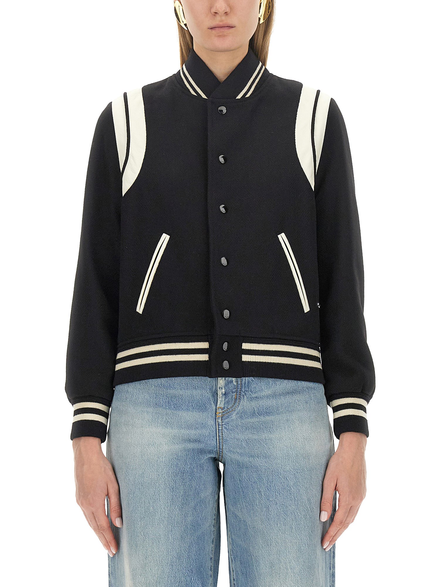 Saint Laurent Teddy Leather-trimmed Recycled Wool-blend Bomber Jacket In Black