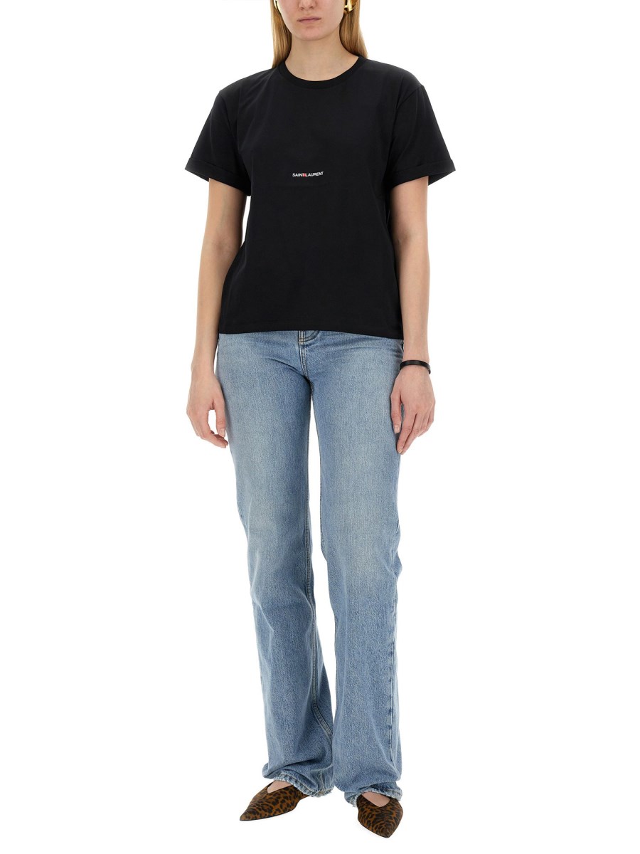SAINT LAURENT - COTTON BOYFRIEND FIT T-SHIRT WITH LOGO