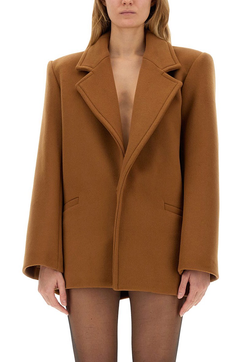 Saint Laurent Brown Coat With Classic Lapels And Shoulder Pads In Virgin Wool Woman In Baby Blue