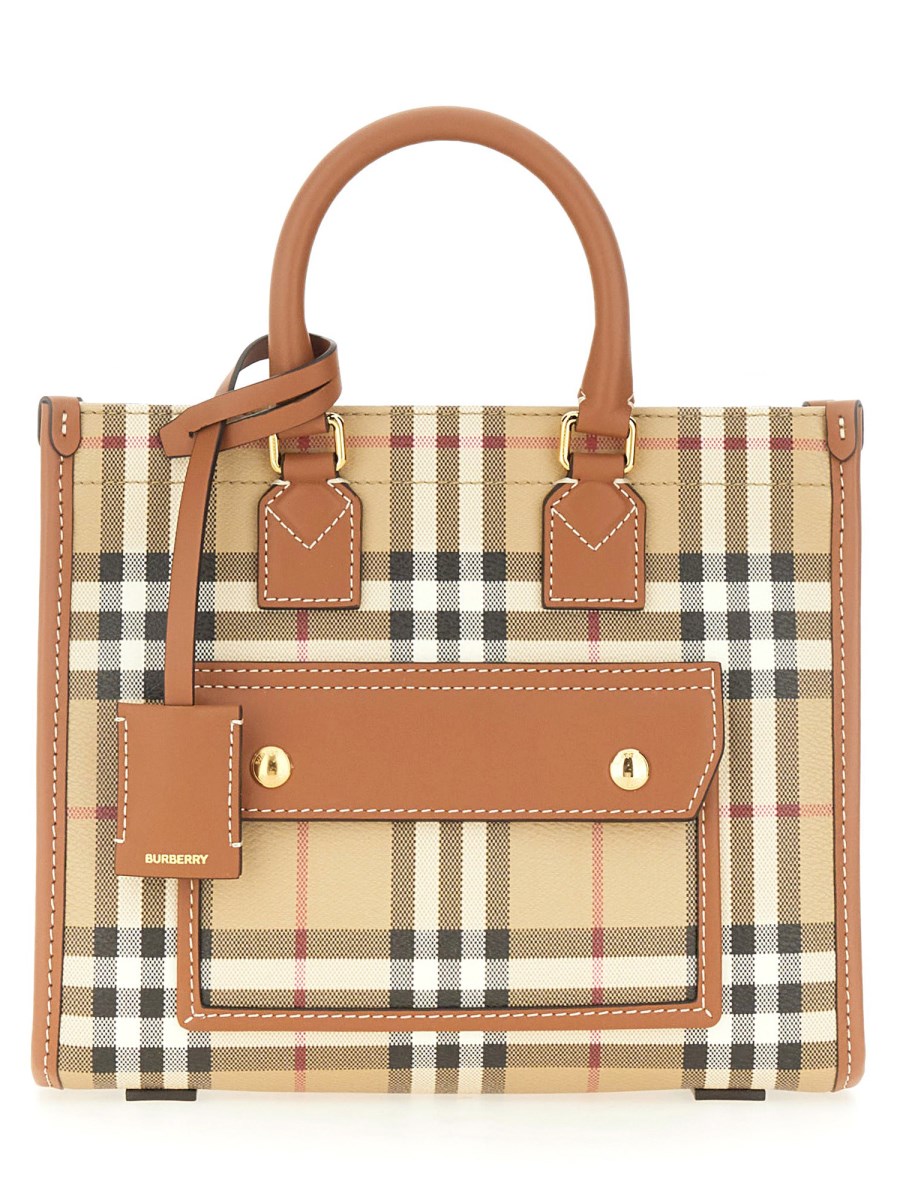 BURBERRY BORSA TOTE FREYA MINI IN COTONE SPALMATO CHECK