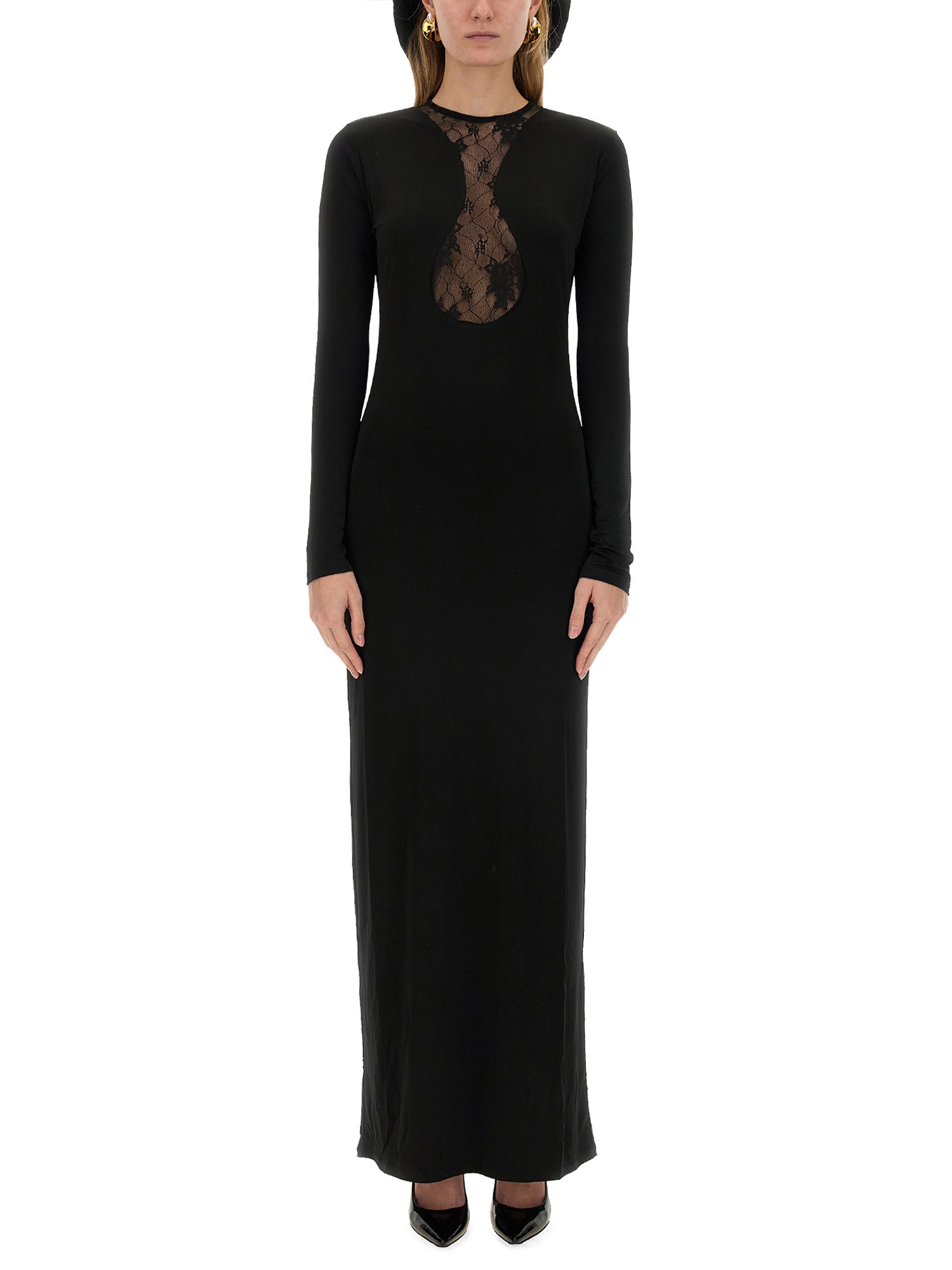 Shop Nina Ricci Long Dress With Lace Insert In Black