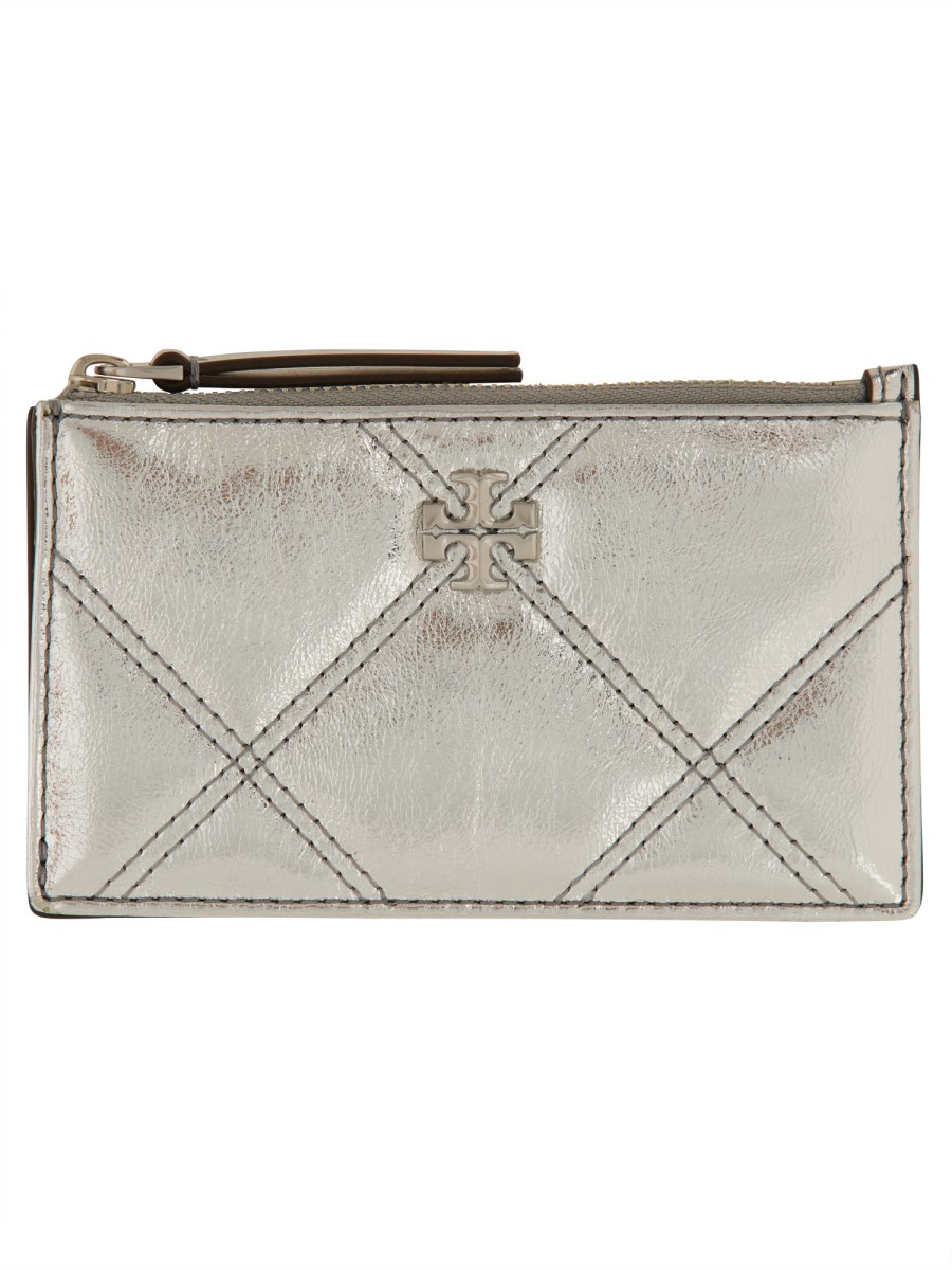 TORY BURCH PORTACARTE "KIRA" IN PELLE METALLIZZATA CON TRAPUNTATURA A DIAMANTE E ZIP