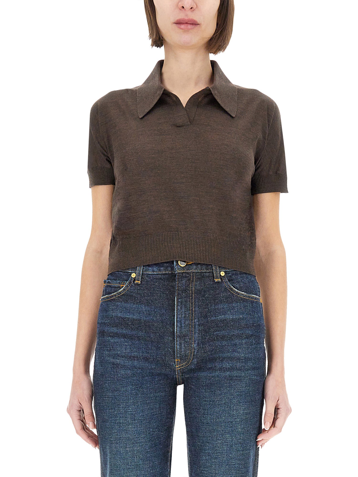 Khaite Morgane Wool-blend Polo Sweater In Brown