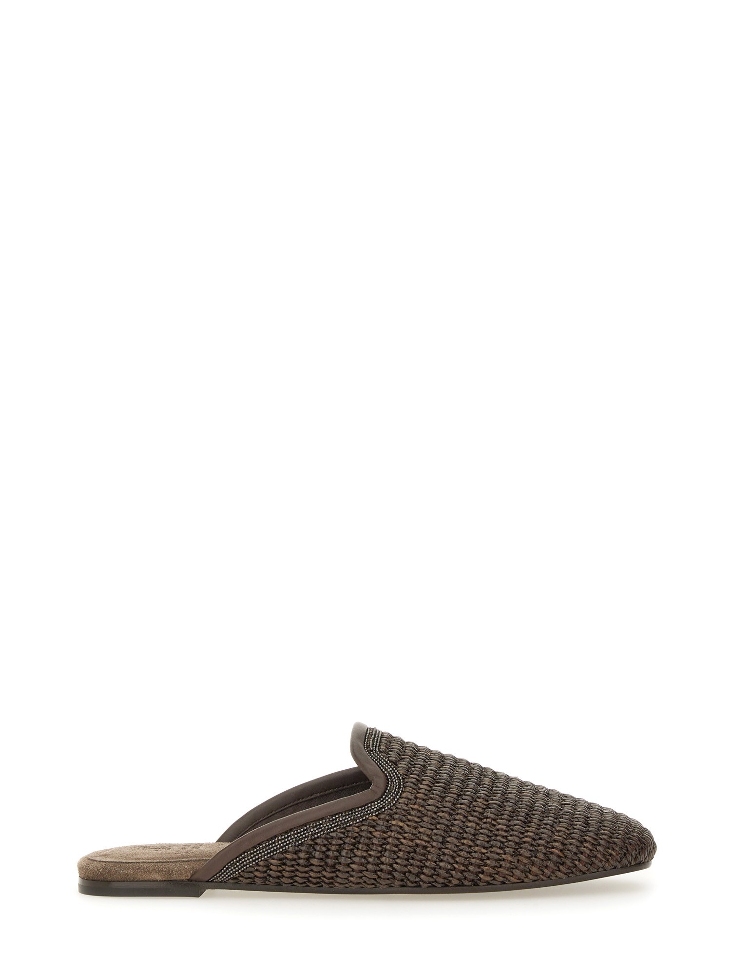 Brunello Cucinelli Monili-embellished Raffia Slippers In Brown