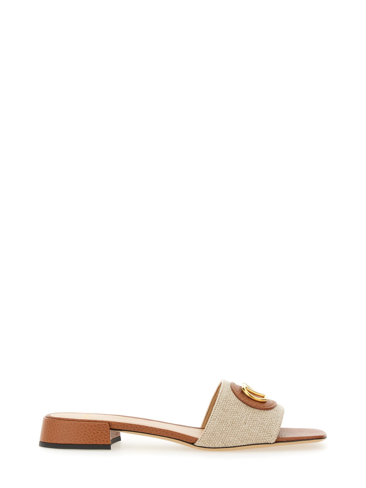 Valentino Vlogo Embellished Textured-leather And Canvas Slides In Beige