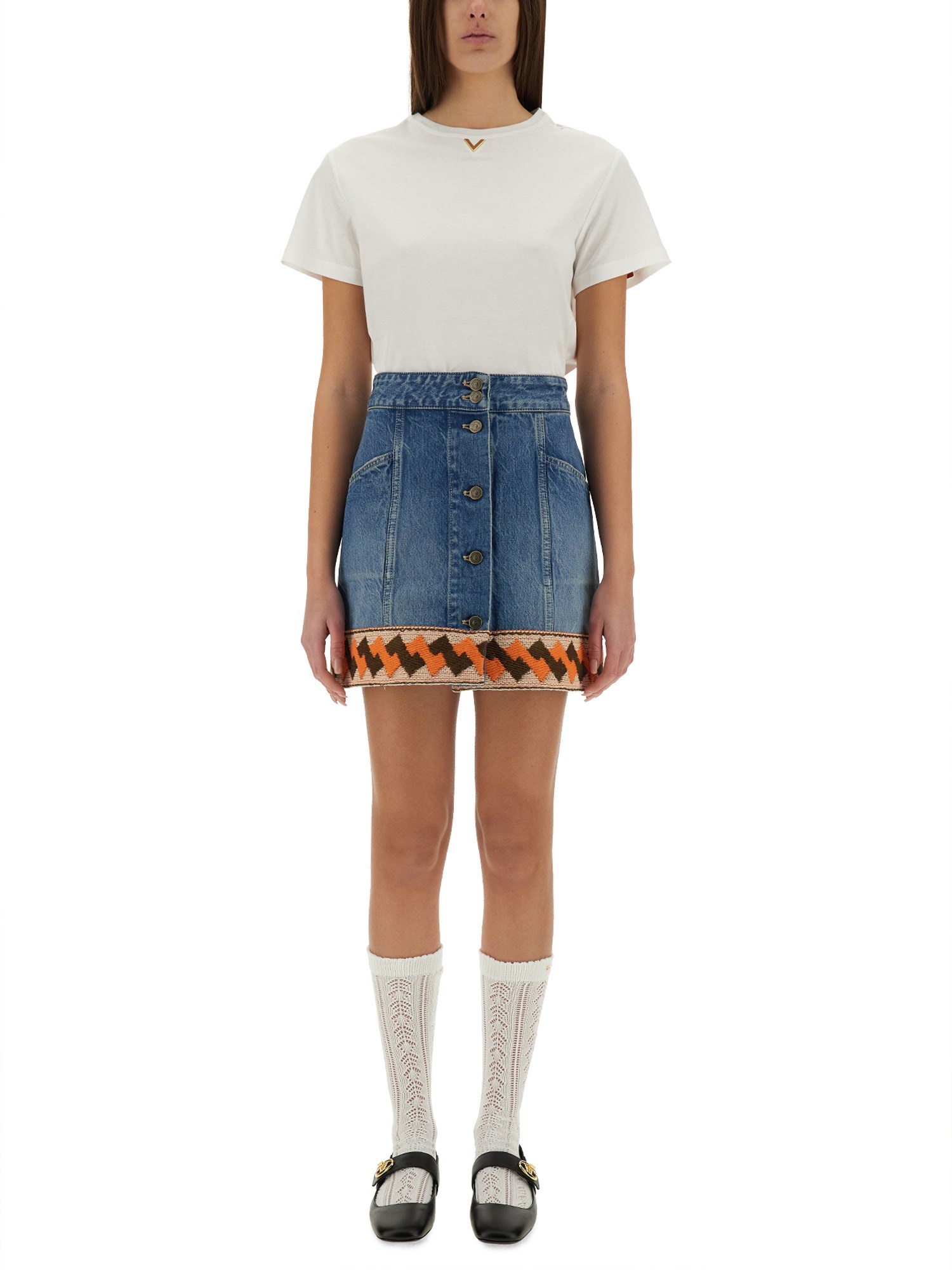 VALENTINO DENIM SKIRT WITH JACQUARD TRIM 