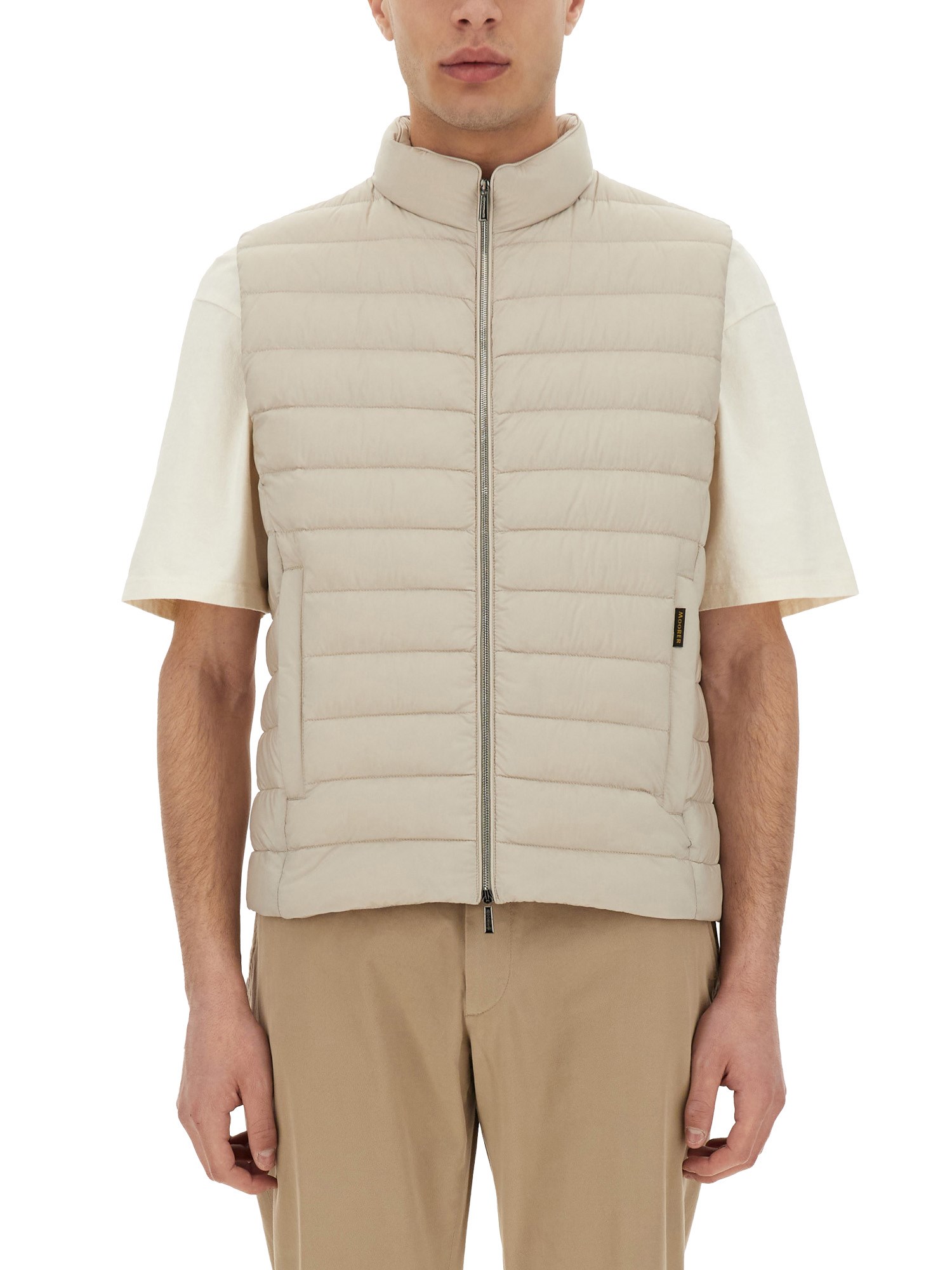 Moorer Quilted High Collar Sleeveless Jacket With Pockets In Beige