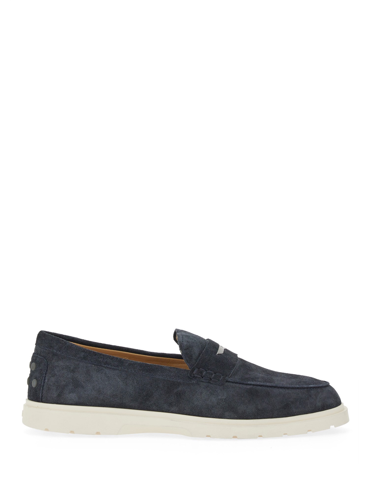 Tod's Blue Suede Moccasin With White Rubber Sole In Blue