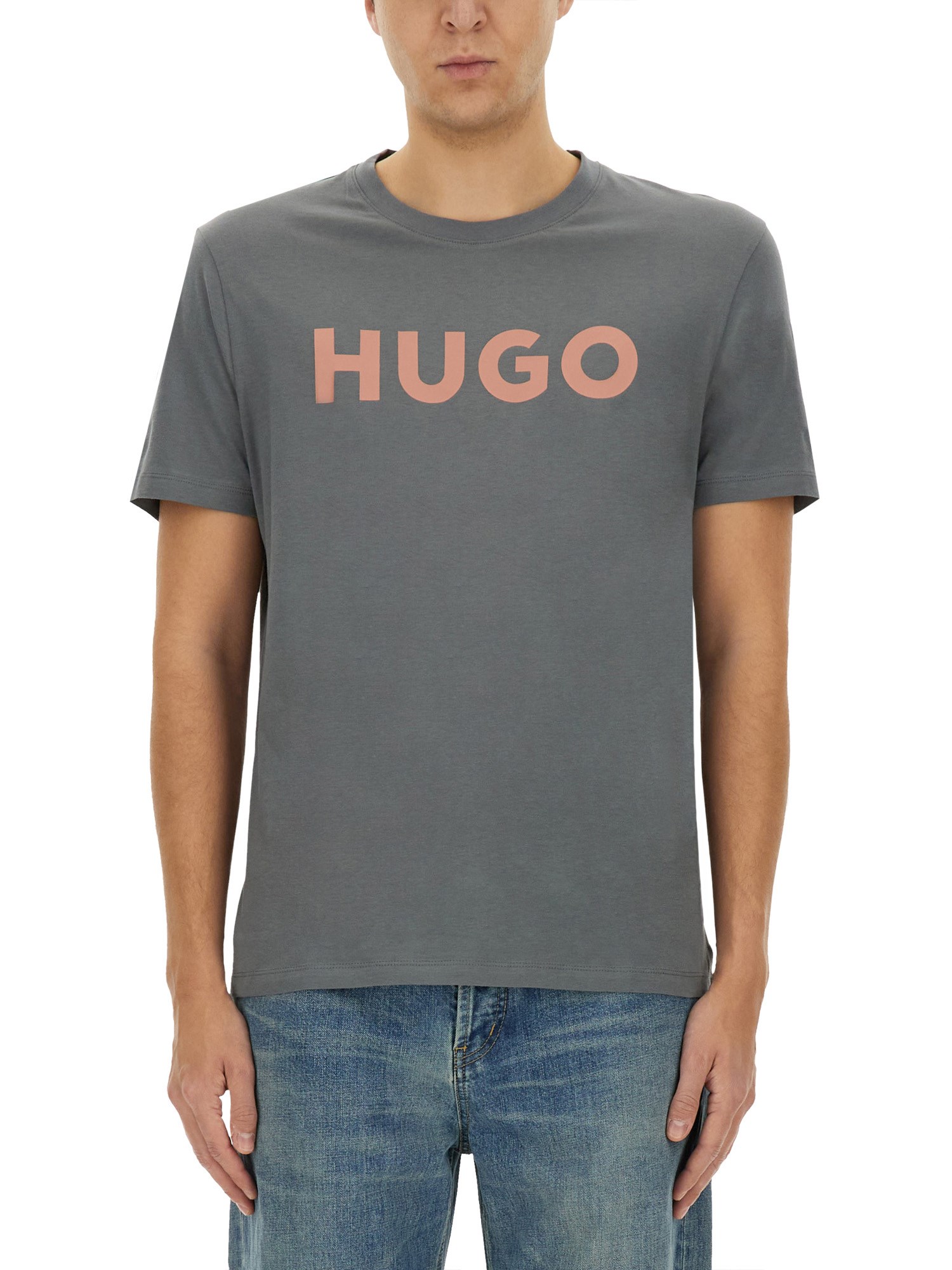Shop Hugo Boss T-shirt With Contrasting Logo In Grey