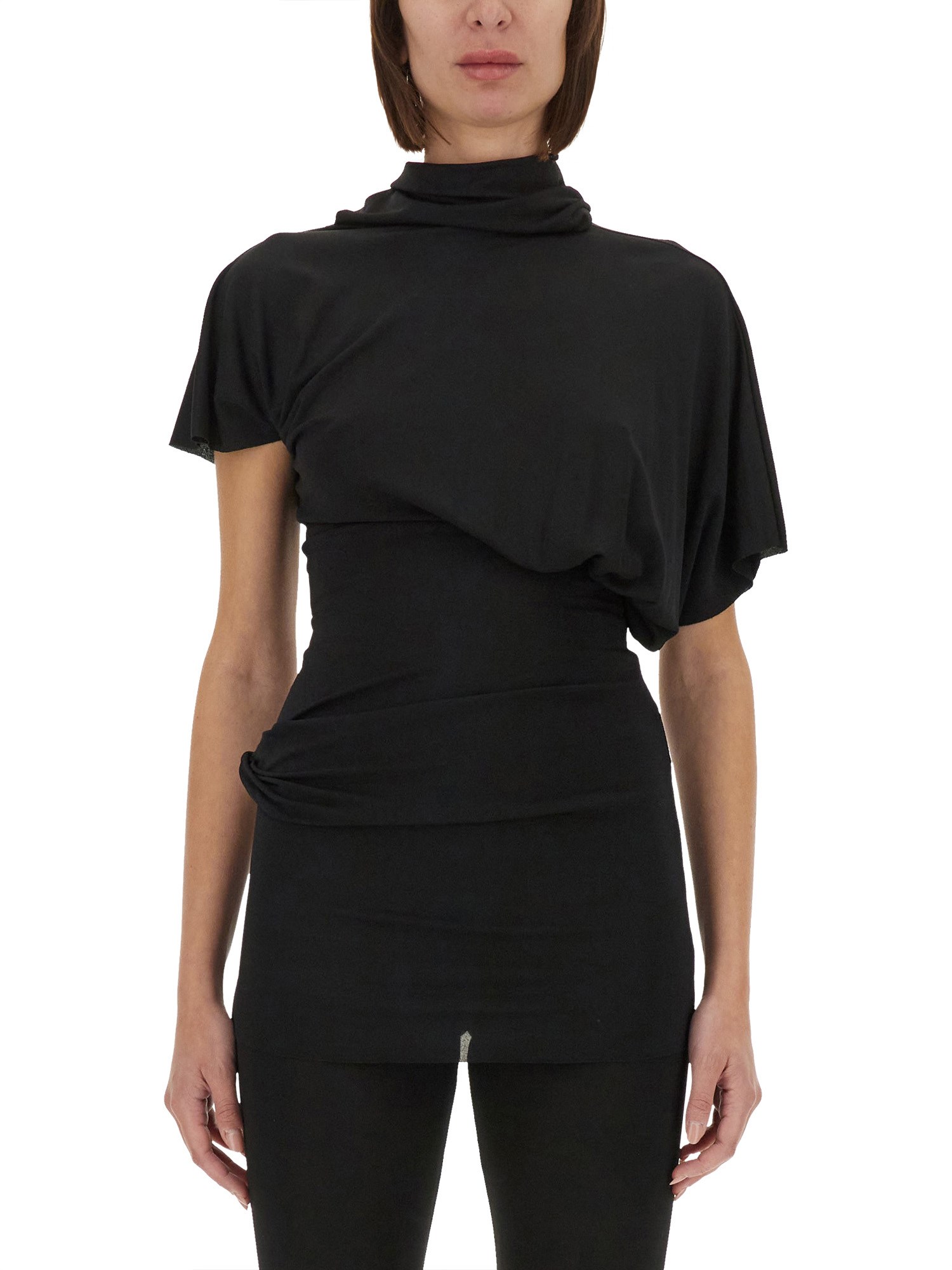 Rick Owens Asymmetric Draped Waist High Neckline Short Sleeves In Black