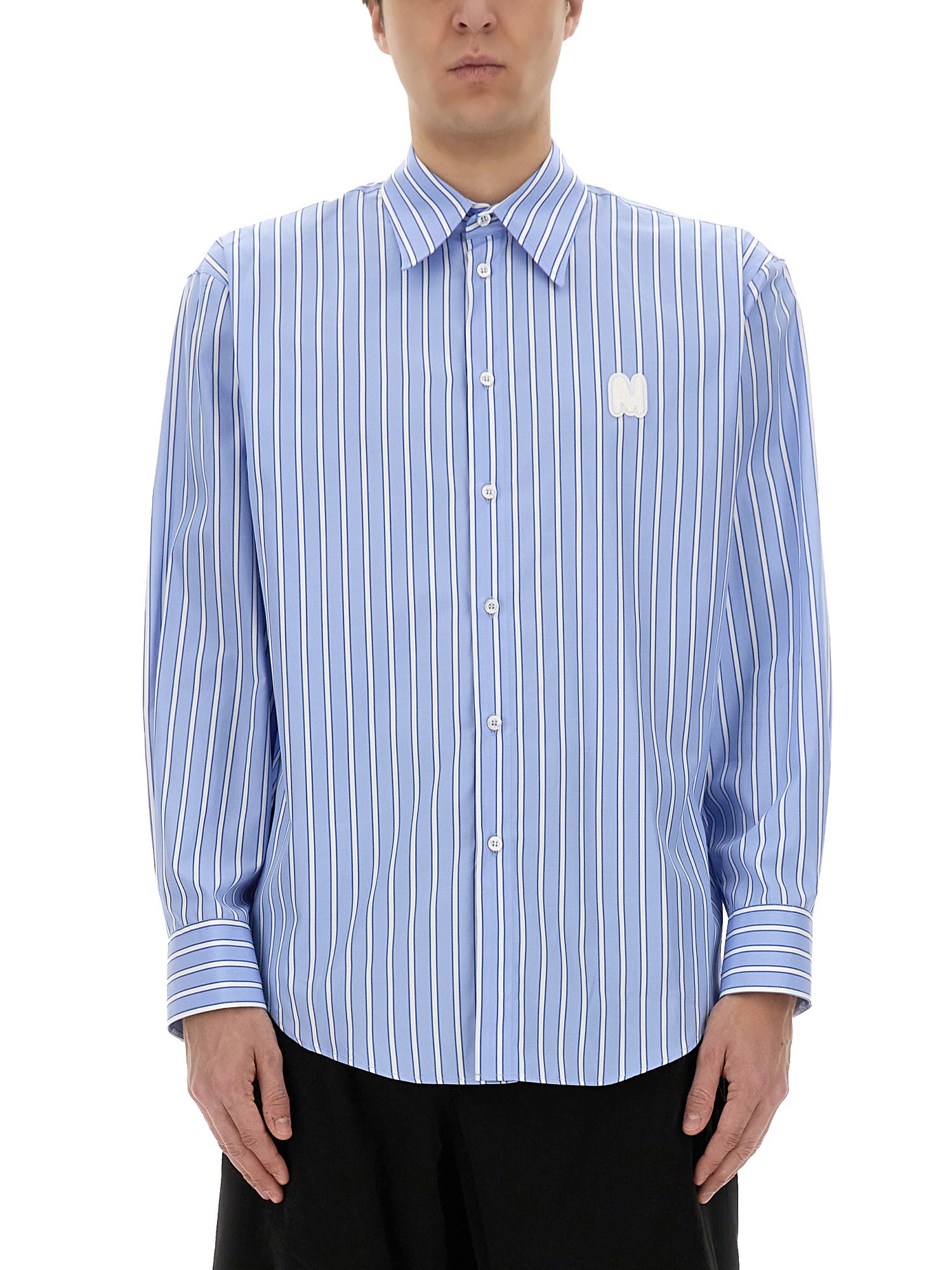 Msgm Logo Cotton T-shirt With Striped Cuffed Sleeves In Azure