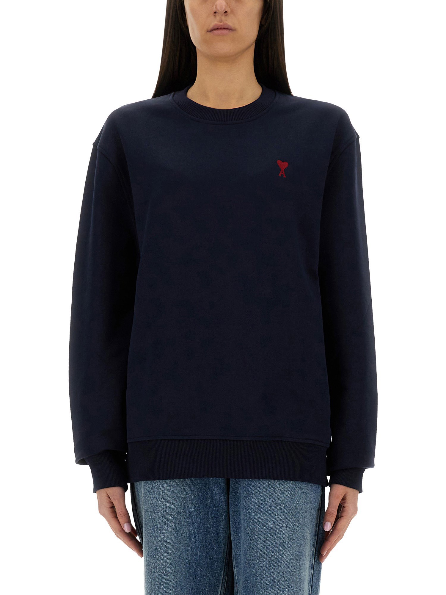 Ami Alexandre Mattiussi Crewneck Heart-embroidered Wool Sweater In Blue