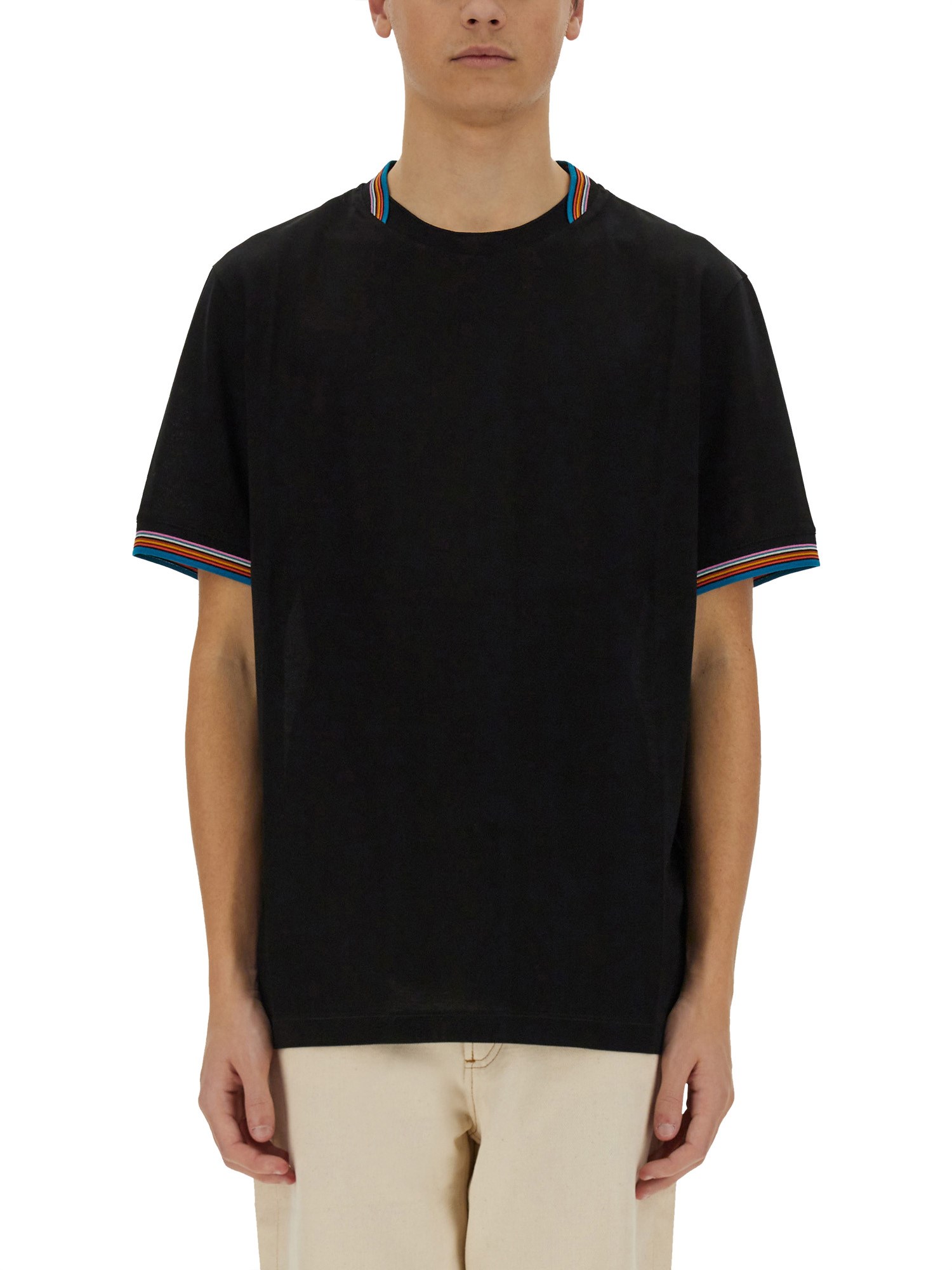 Paul Smith Black T-shirt With Multicolor Striped Accents In Black