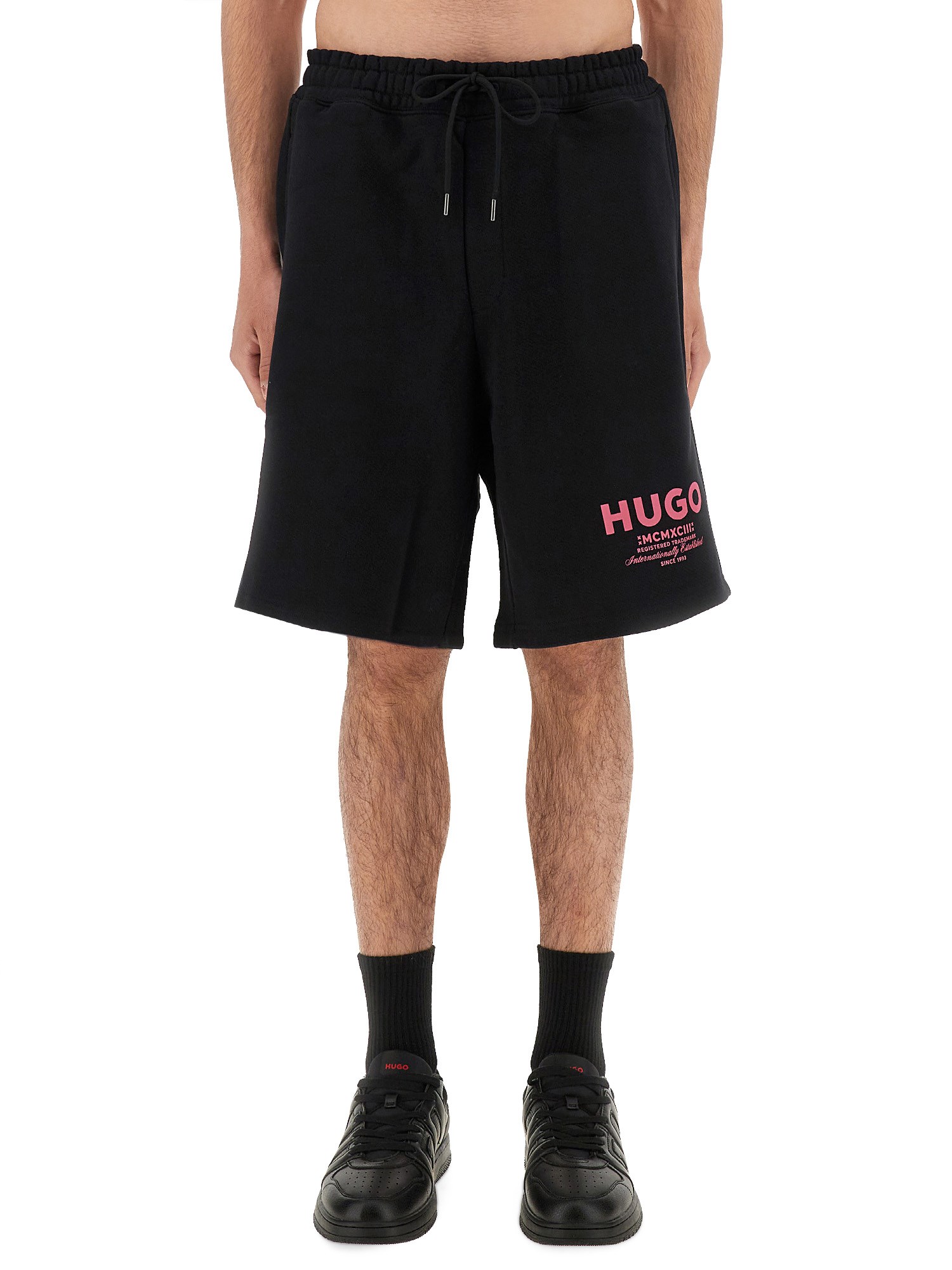 Hugo Boss Elastic Waistband Shorts With Side And Back Pockets In Black
