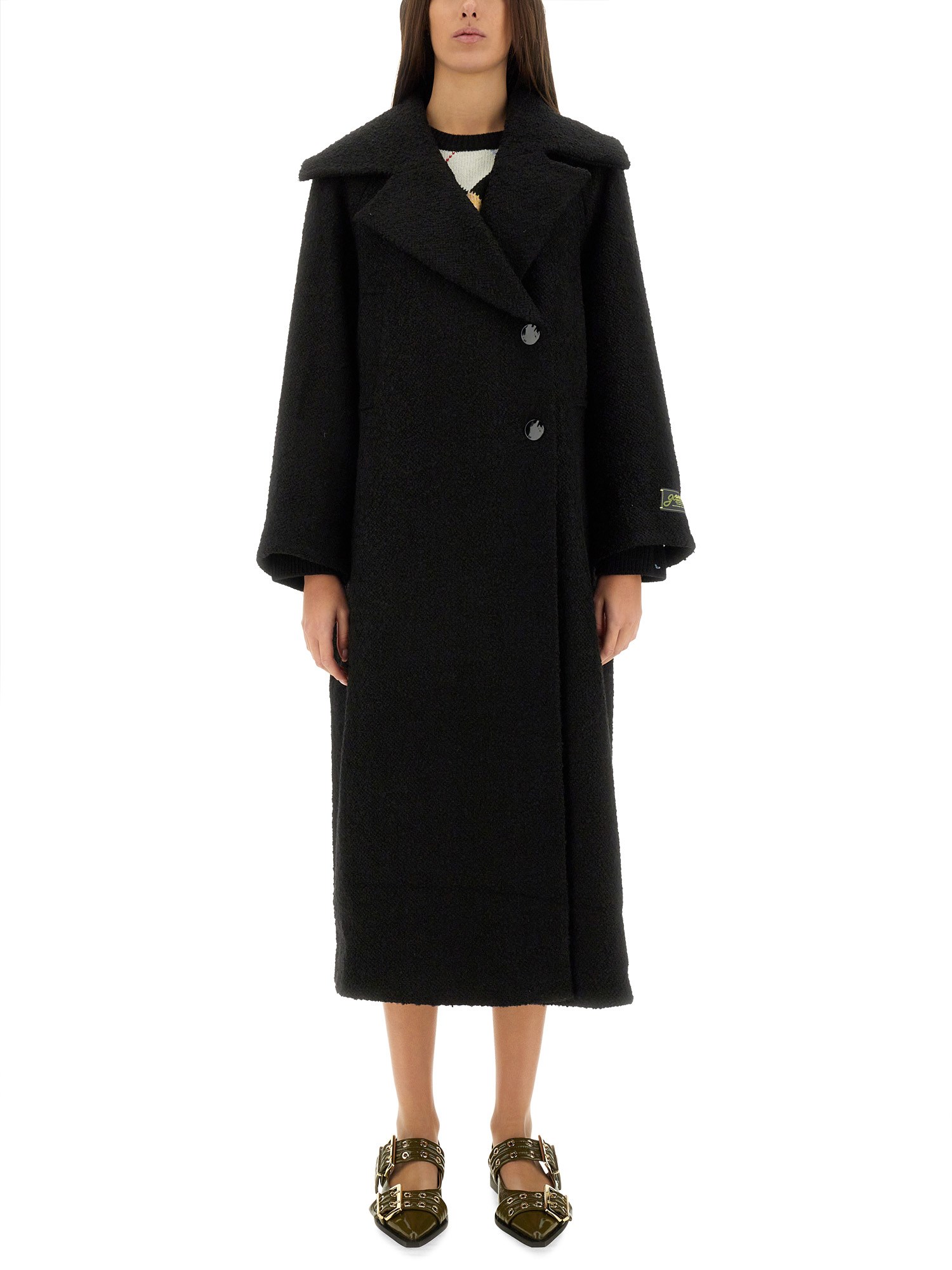 Ganni Long Bouclã© Coat For In Black