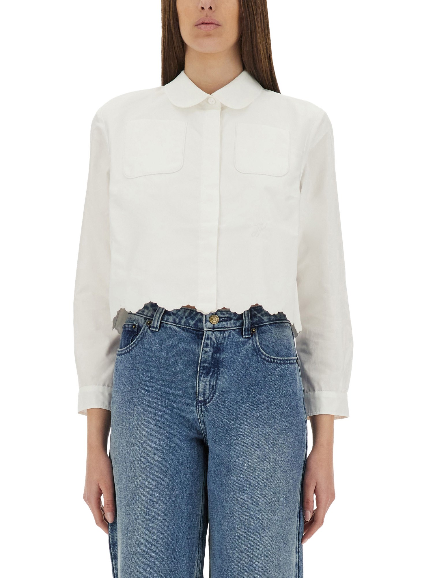 Shop Patou Short Scalloped Poplin Shirt In White