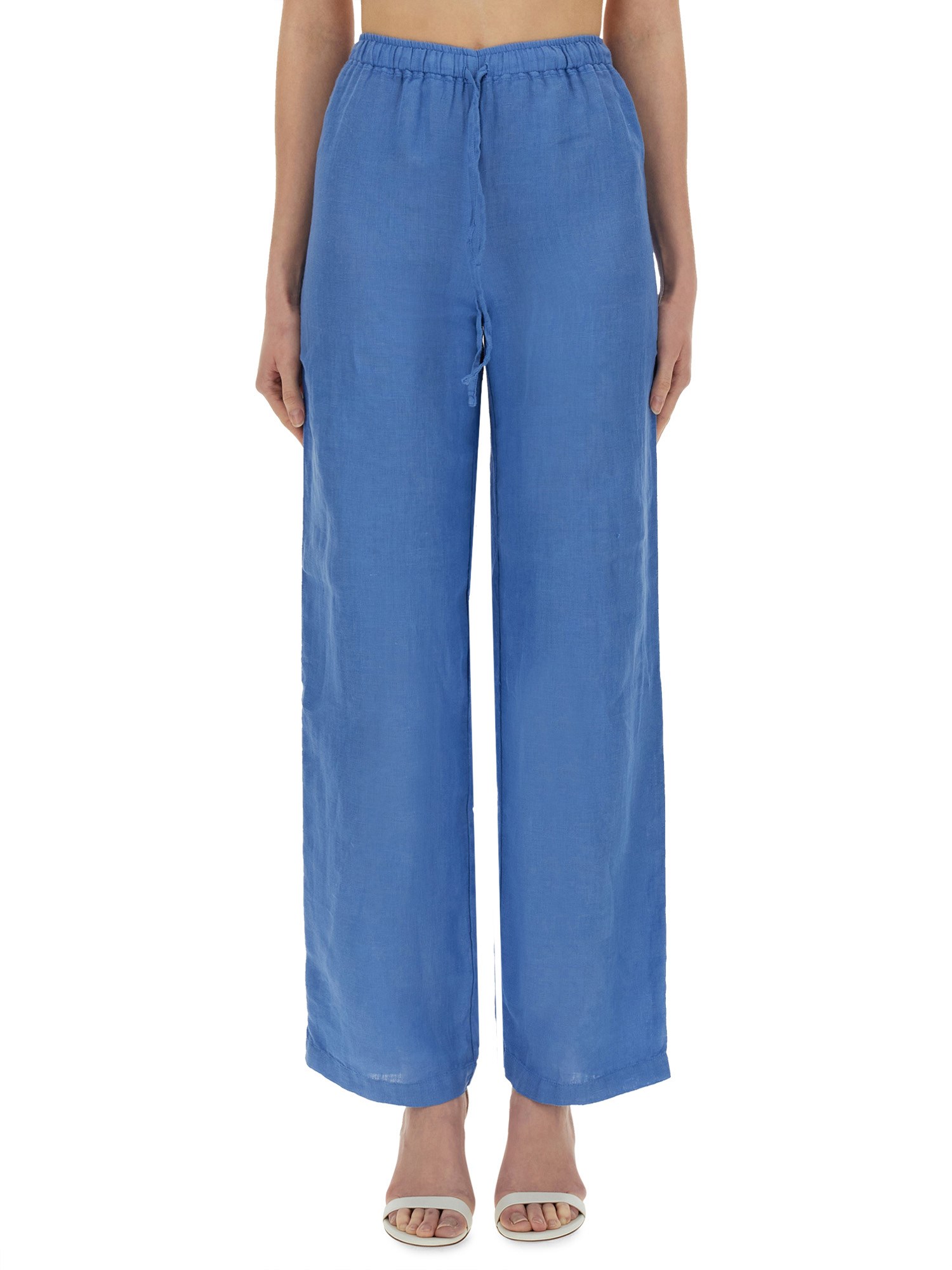 120% Lino Relaxed Wide-leg Linen Pants With Drawstring Waist In Blue