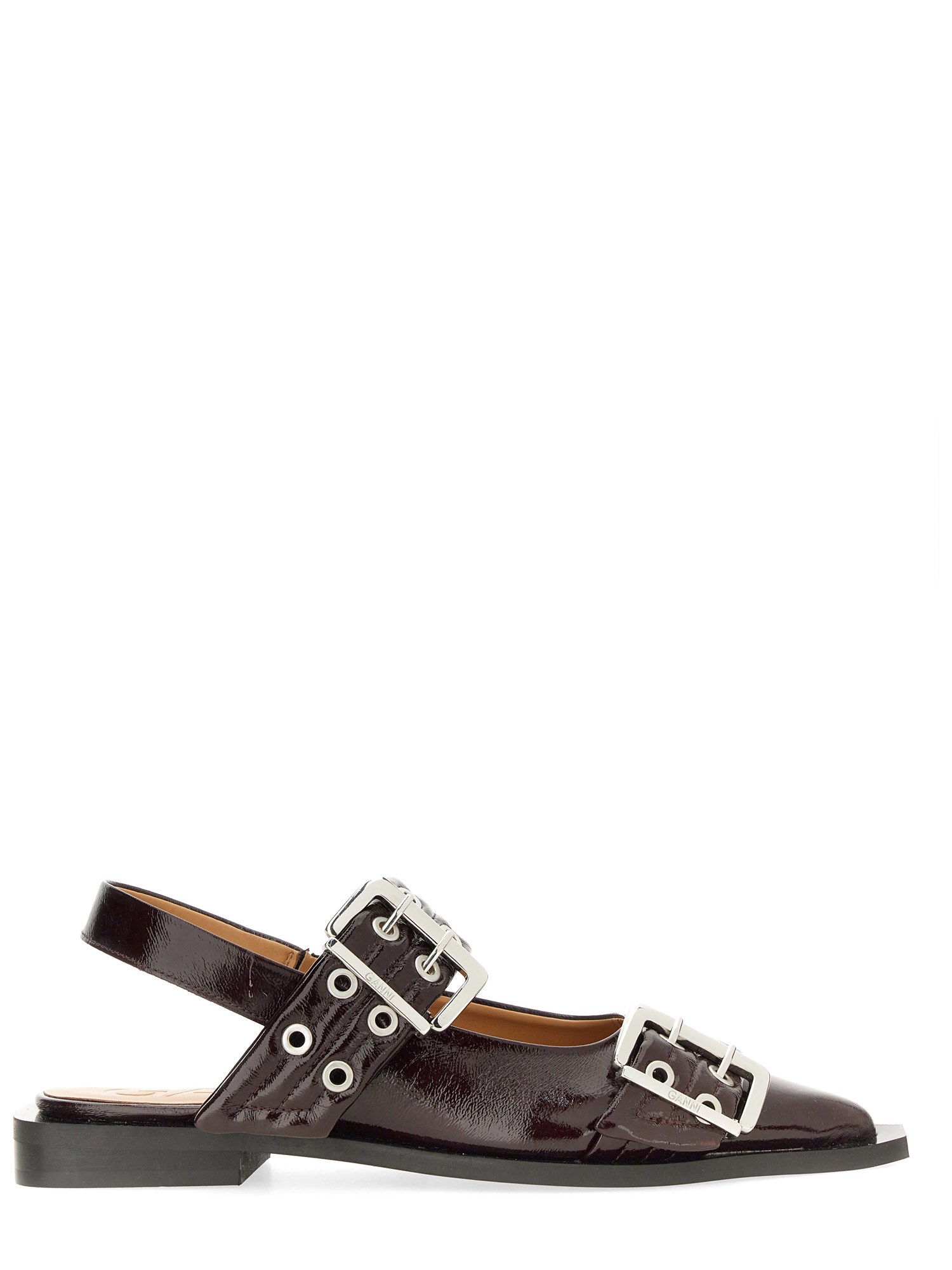 Ganni Black Croco Print Slingback Ballet Flat Shoe With Buckles In Bordeaux
