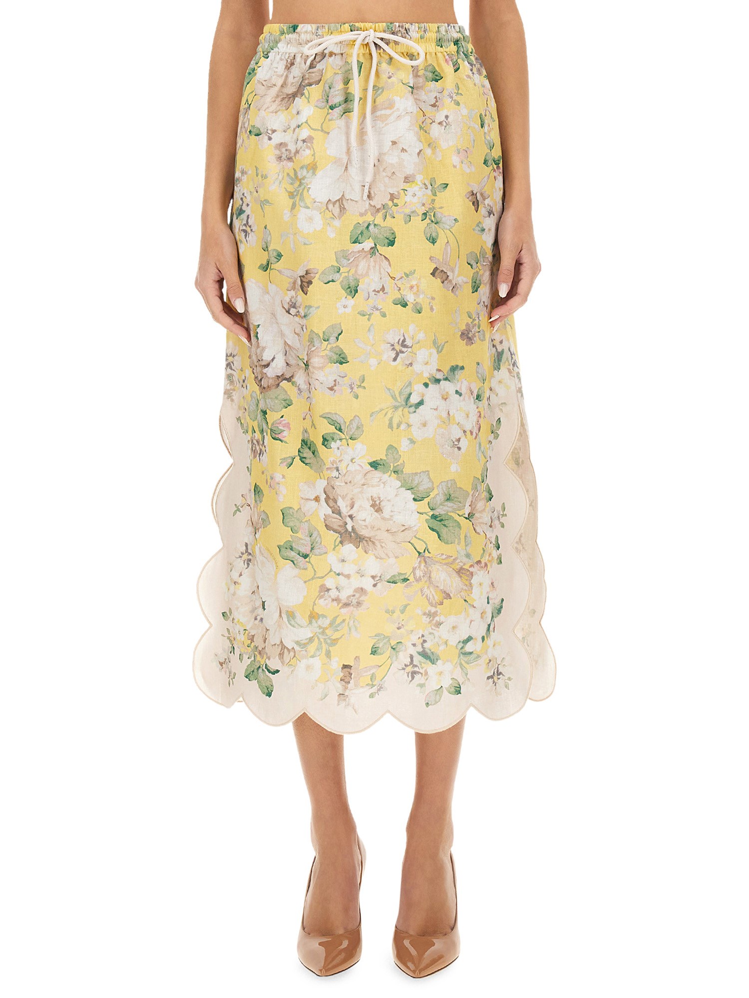 Zimmermann Acacia Scalloped Floral-print Linen Midi Skirt In Yellow