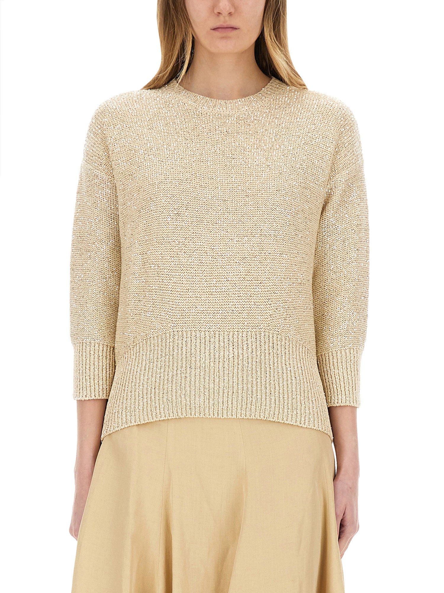 Fabiana Filippi Three-quarter Sleeve Cotton Jersey Top With Ribbed Hem In Powder