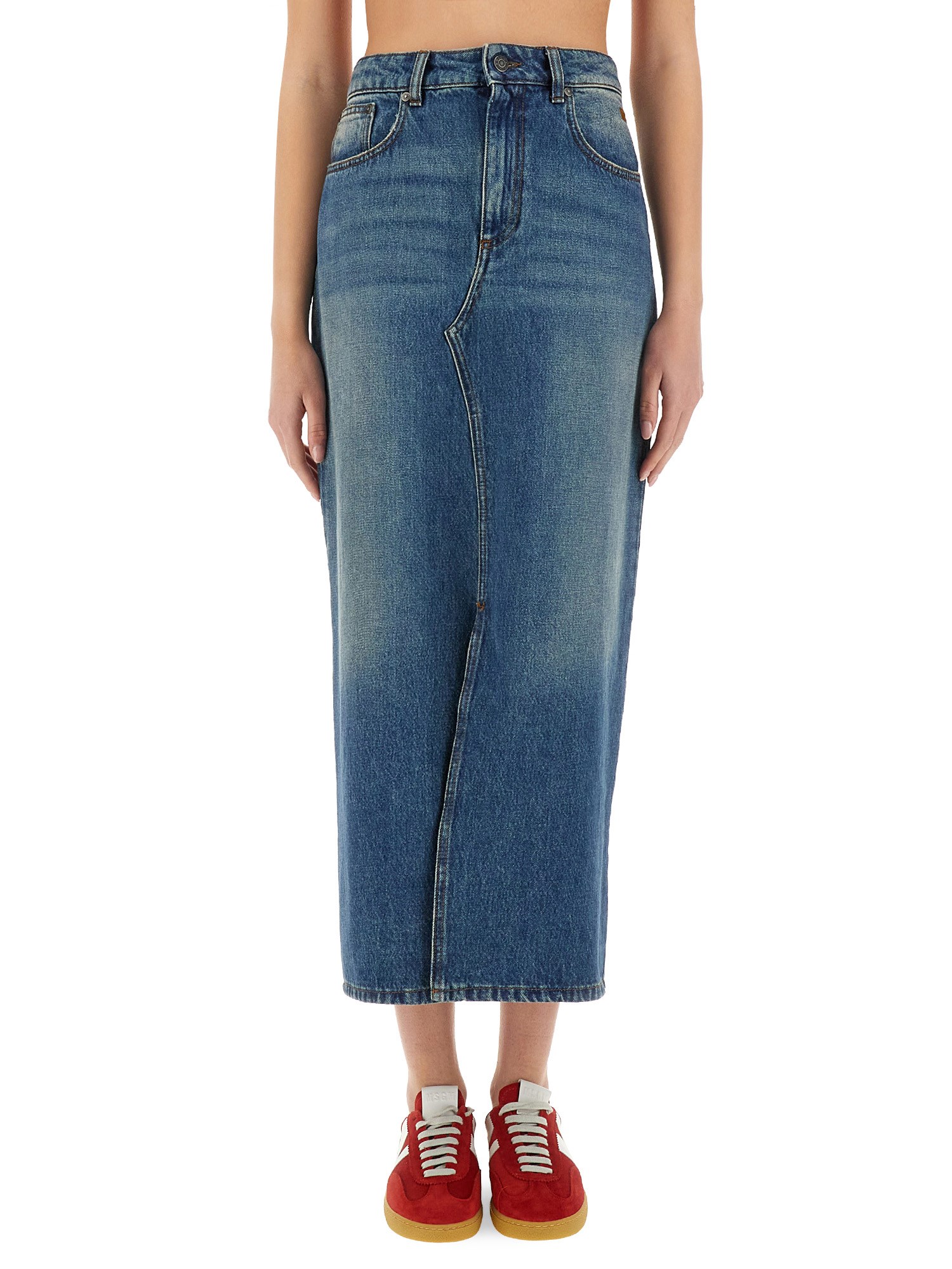 Msgm High-waisted Denim Skirt With Front Slit In Denim